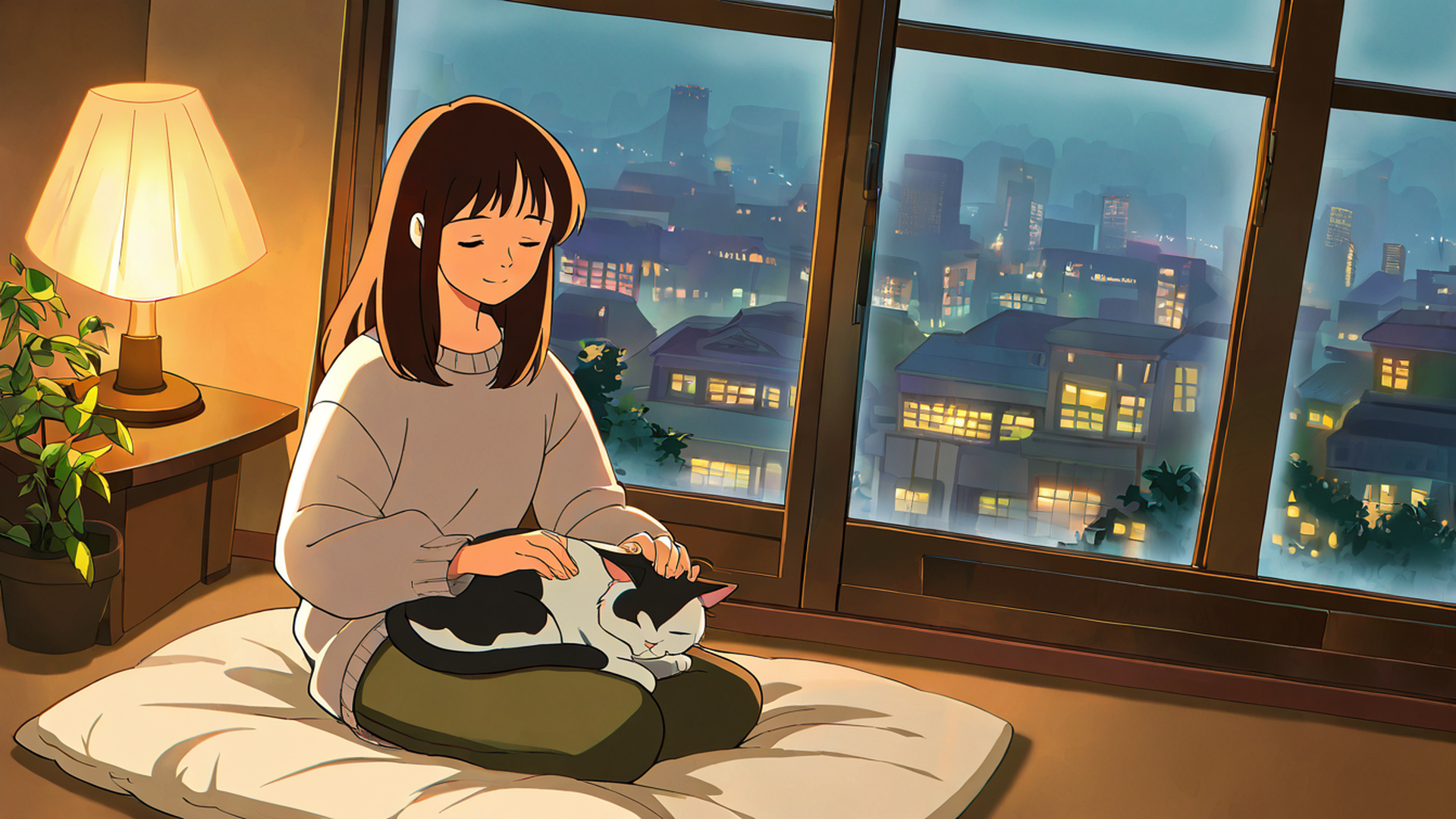 girl with cat lamplight lofi wallpaper