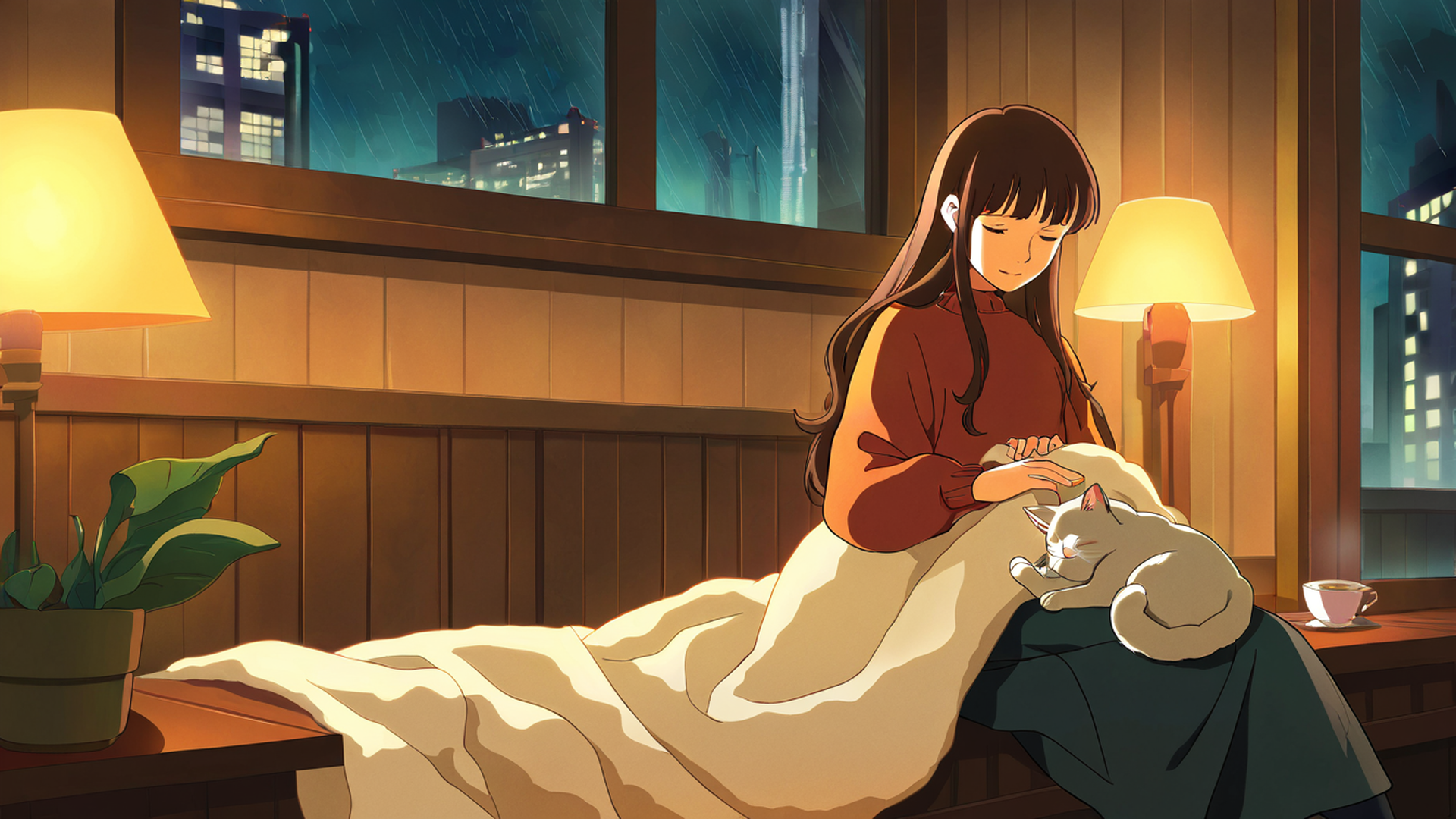 girl with cat lamplight lofi wallpaper
