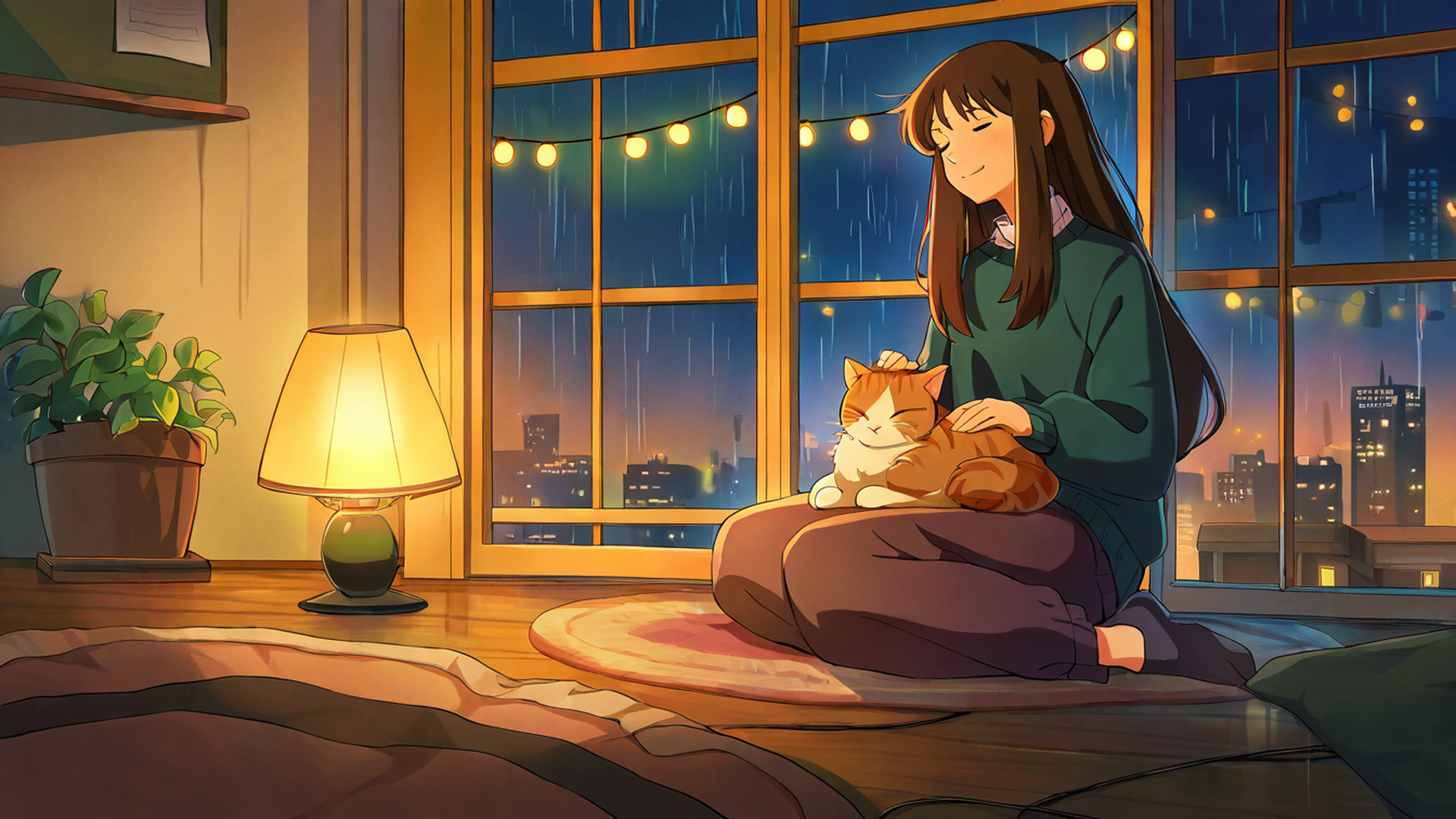 girl with cat lamplight lofi wallpaper