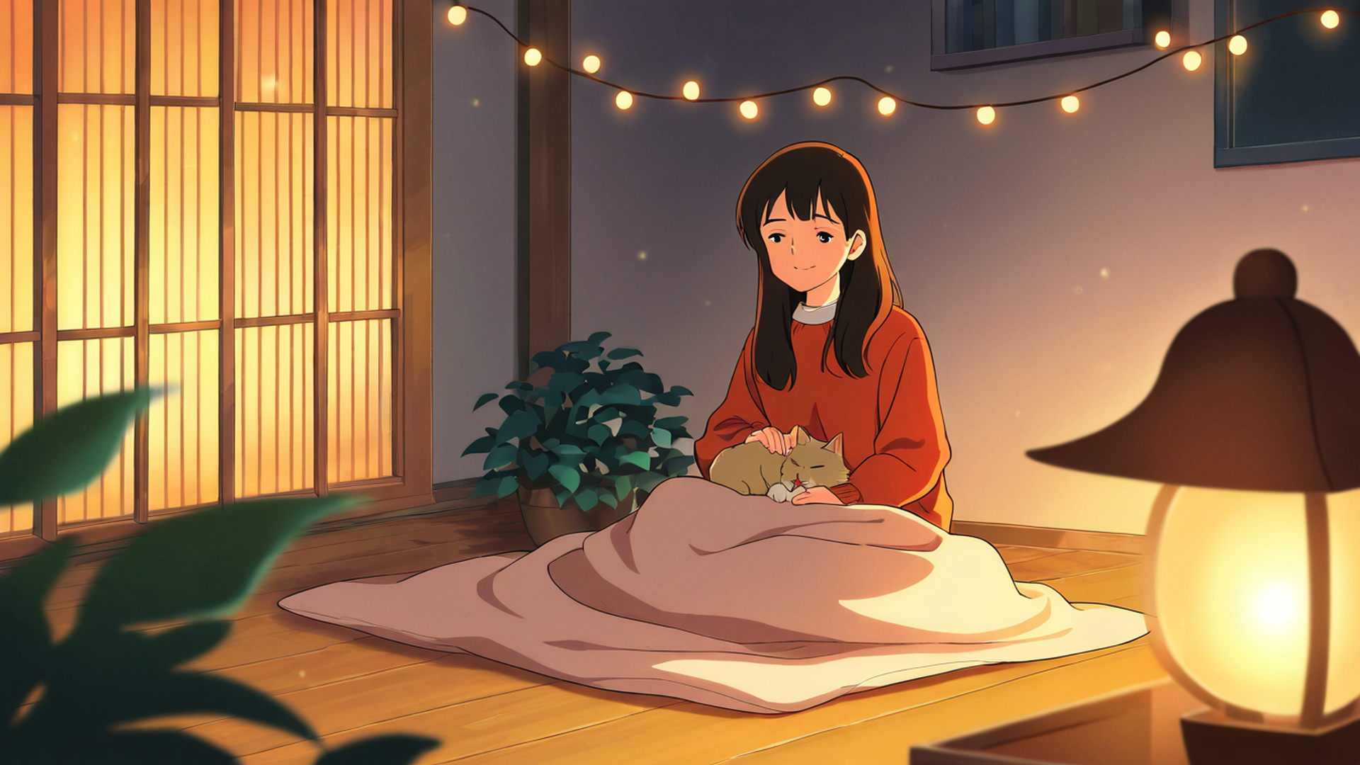 girl with cat lamplight lofi wallpaper