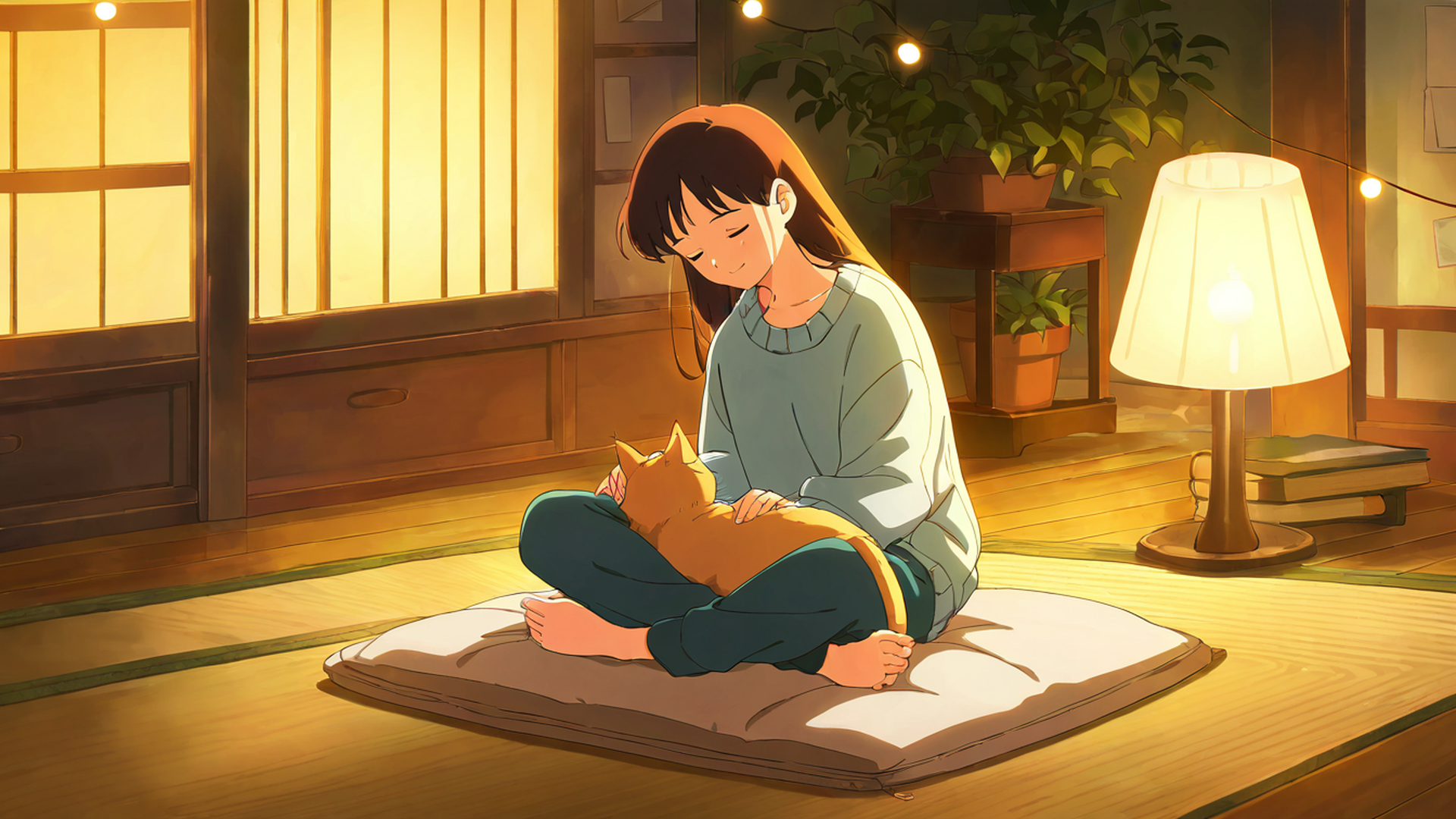 girl with cat lamplight lofi wallpaper
