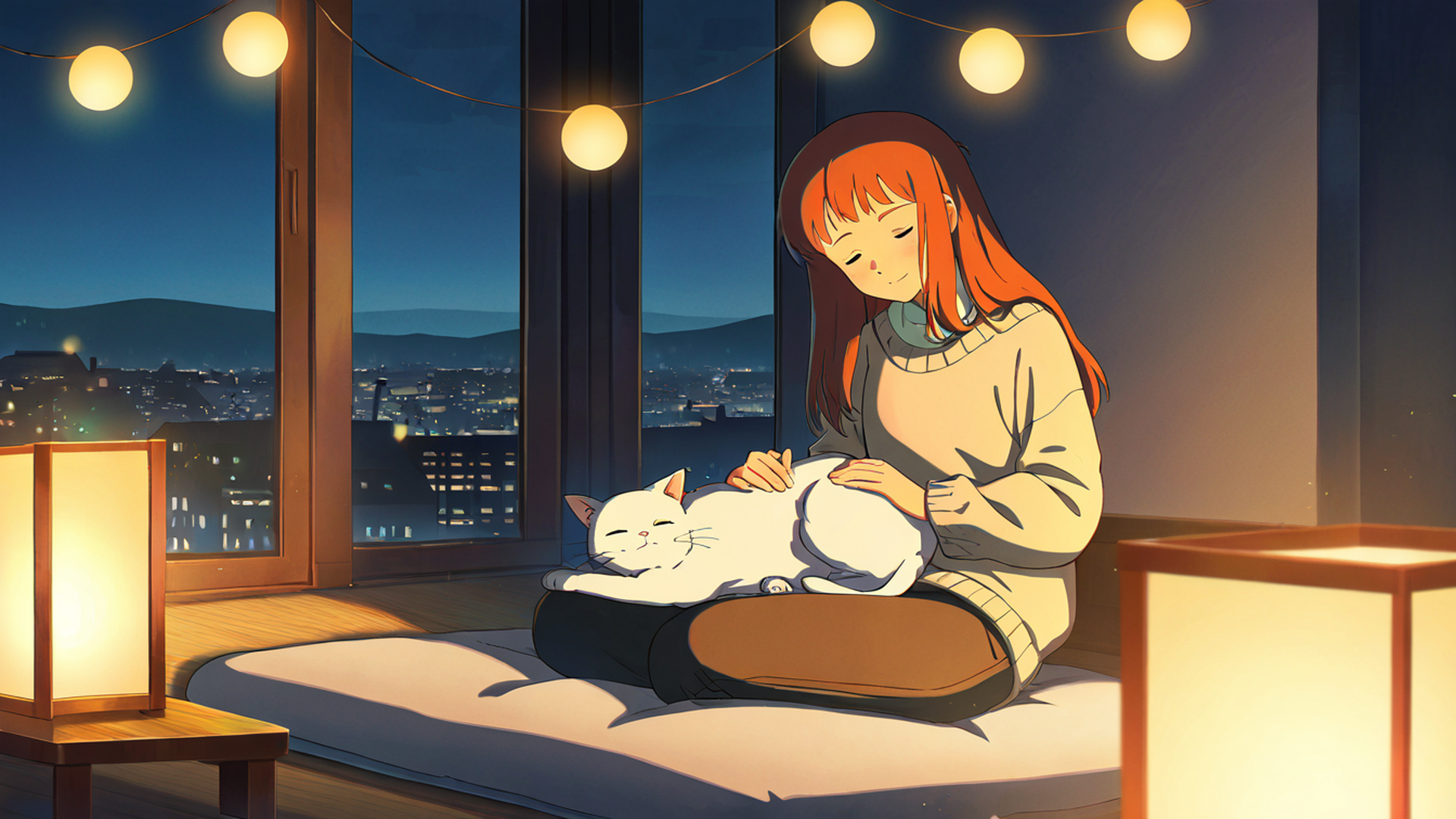 girl with cat lamplight lofi wallpaper
