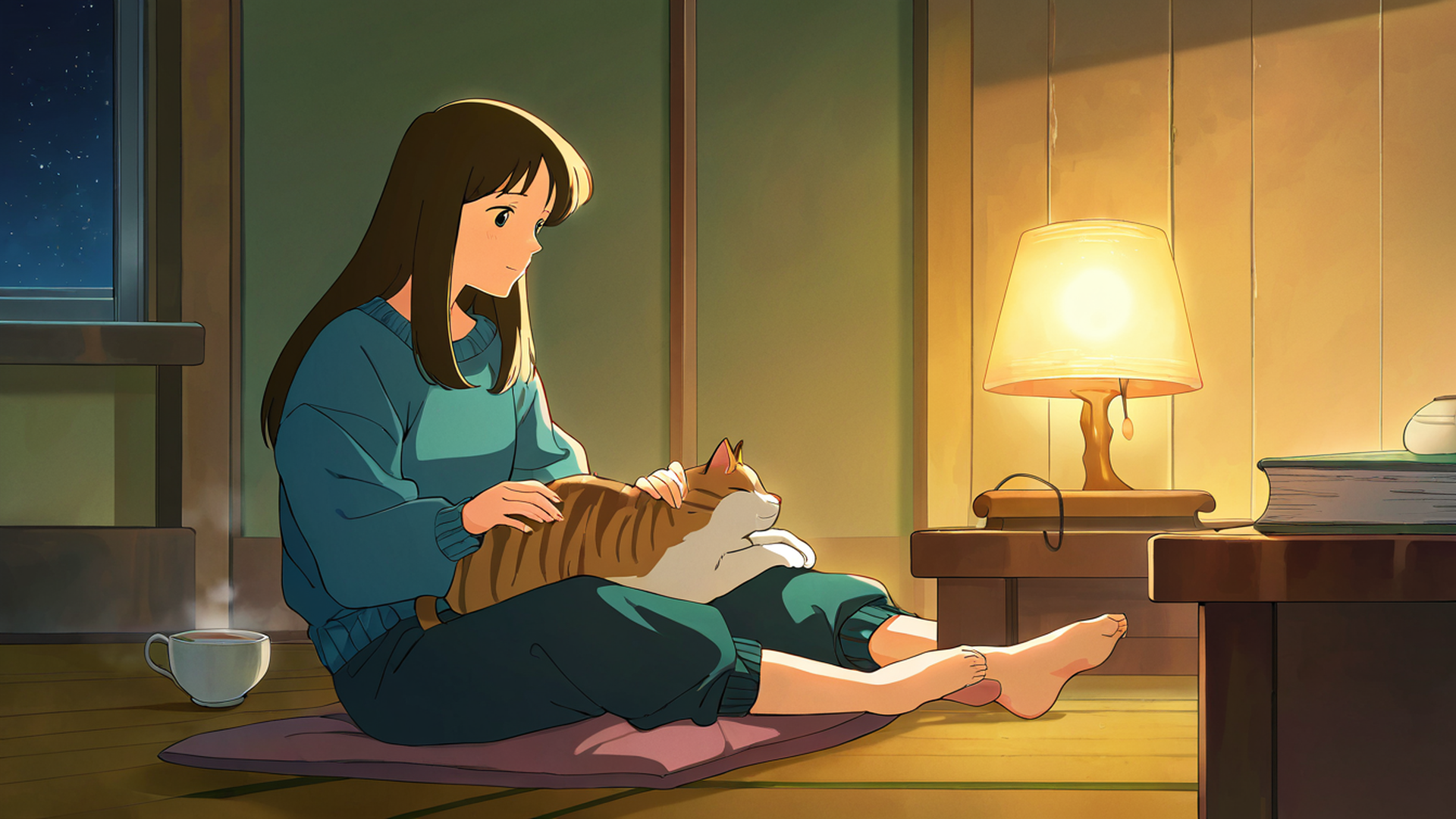 girl with cat lamplight lofi wallpaper