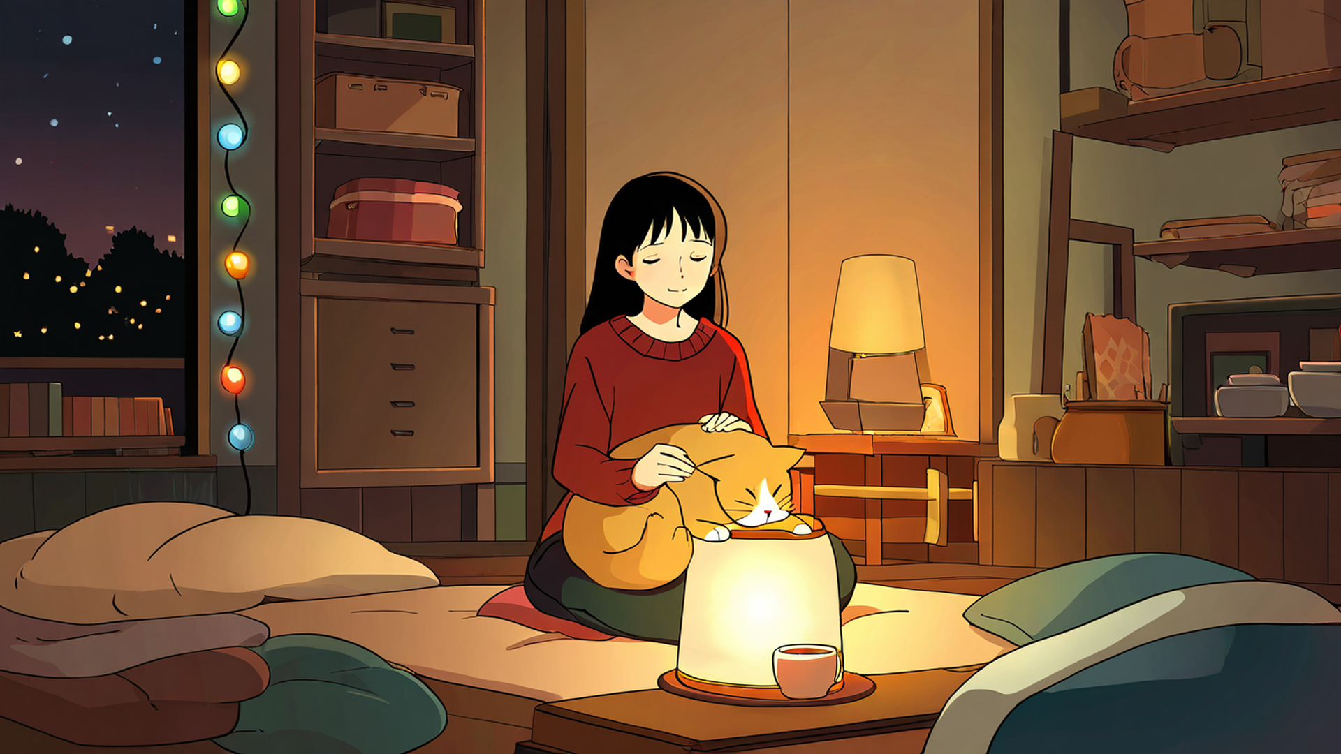 girl with cat lamplight lofi wallpaper