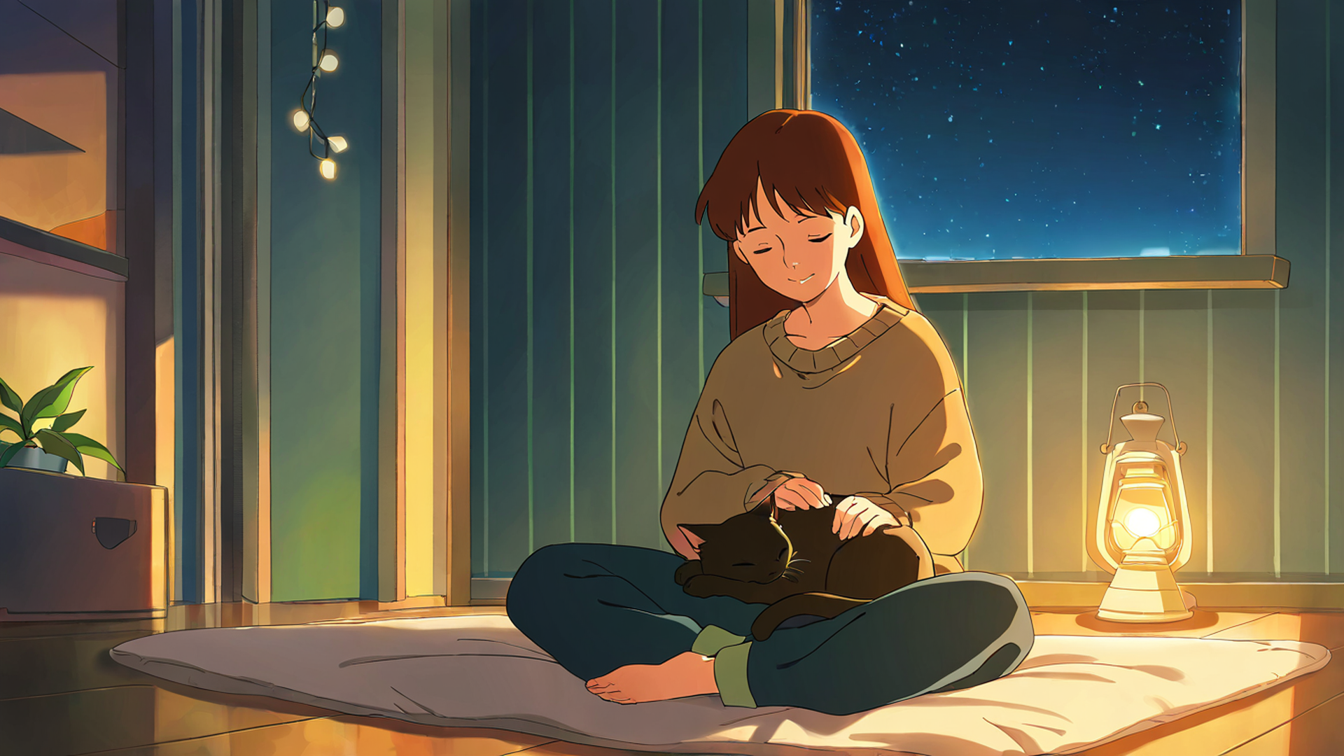 girl with cat lamplight lofi wallpaper