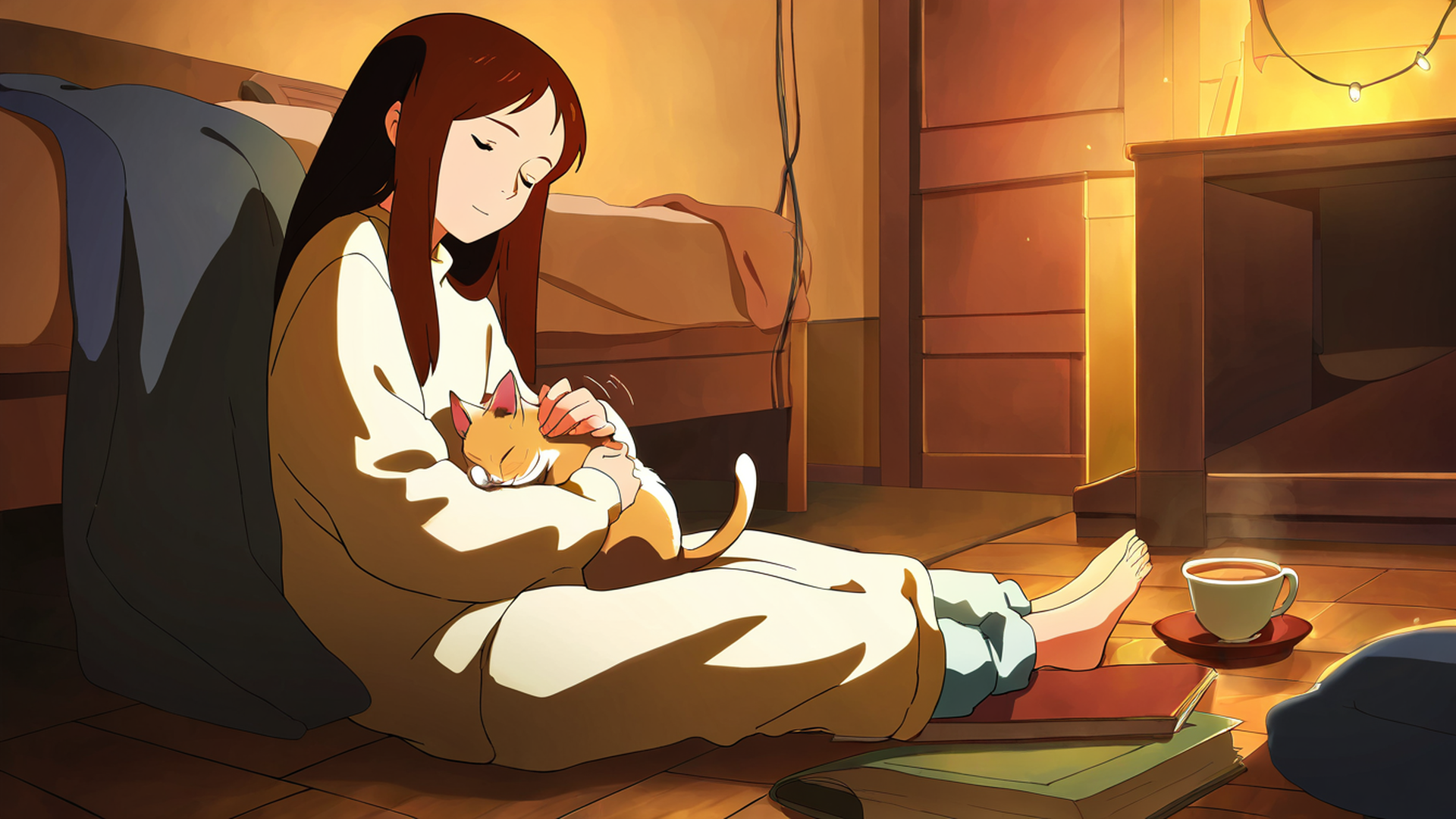 girl with cat lamplight lofi wallpaper