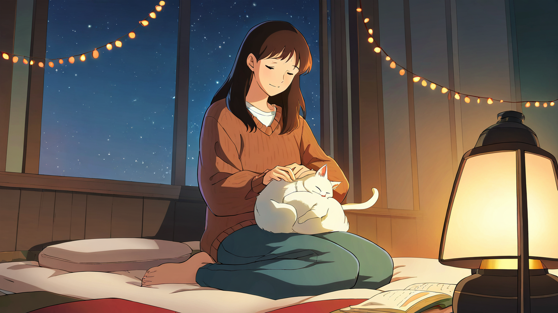 girl with cat lamplight lofi wallpaper
