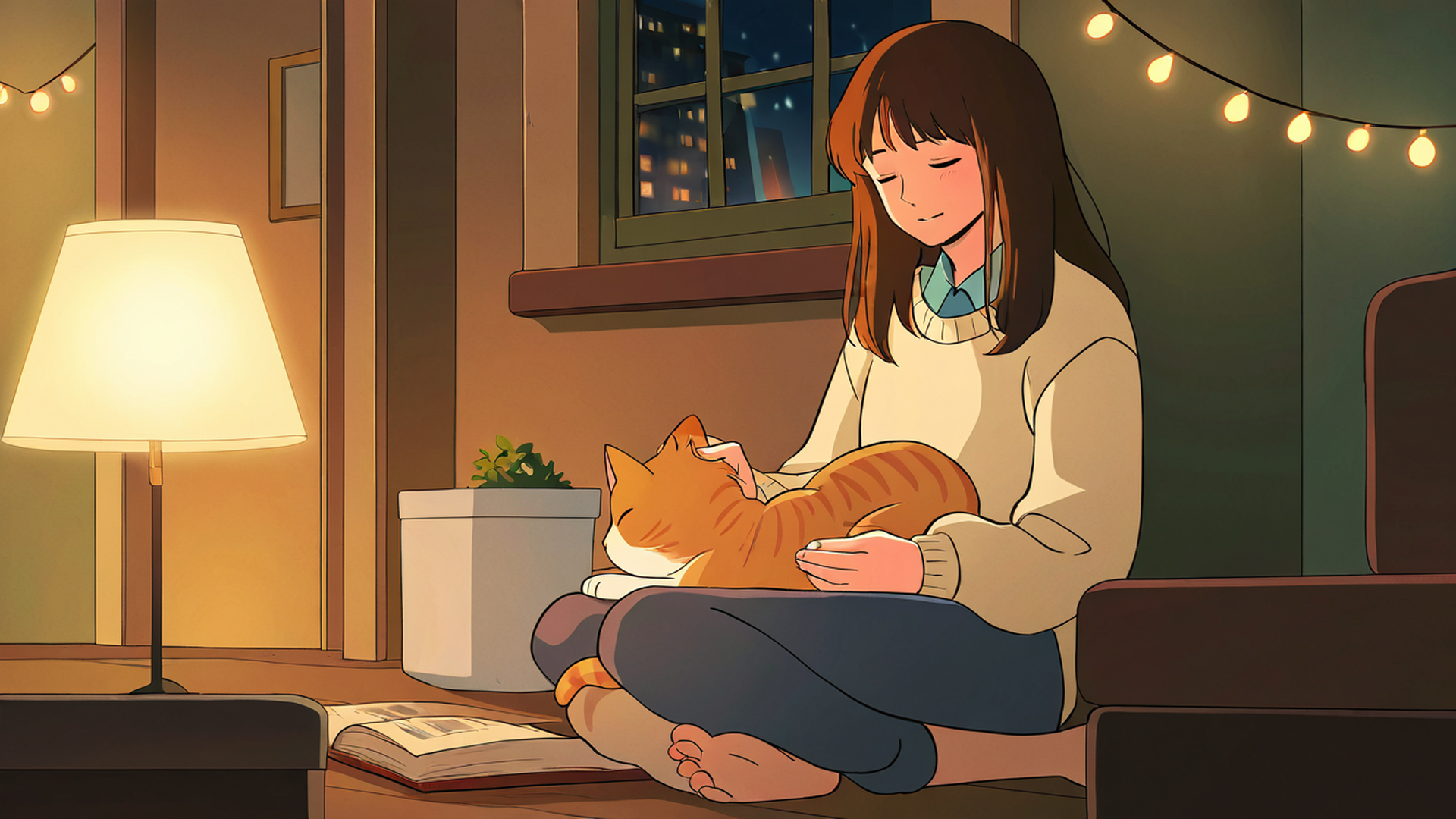 girl with cat lamplight lofi wallpaper
