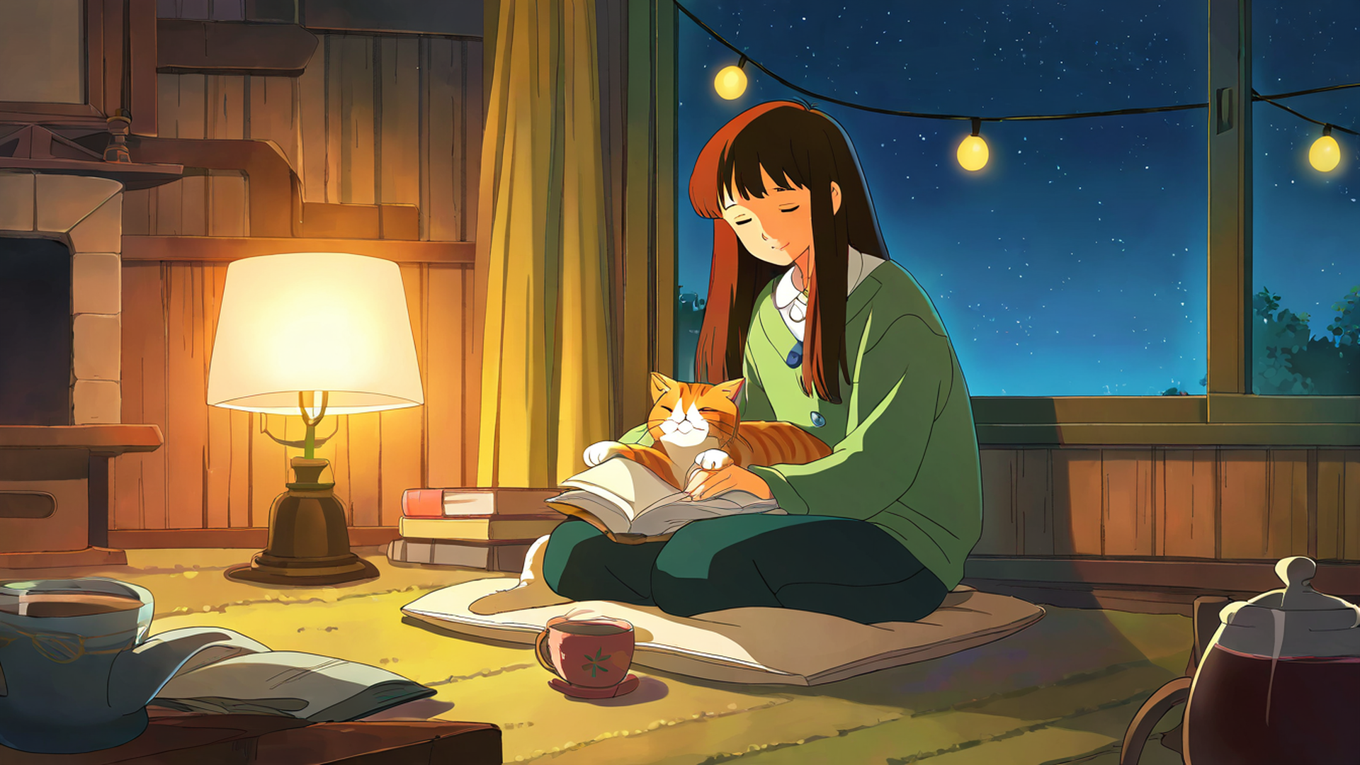 girl with cat lamplight lofi wallpaper