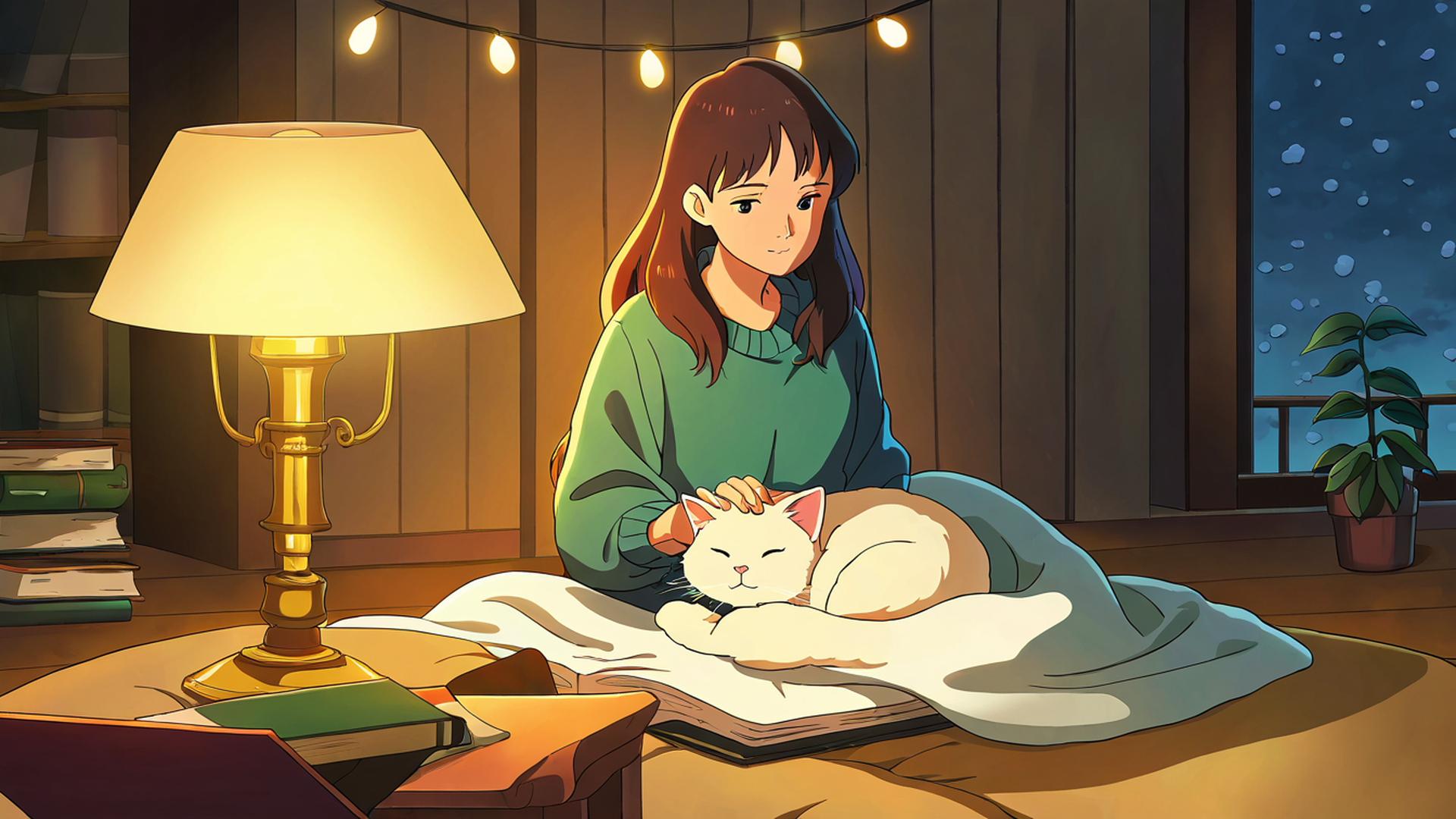 girl with cat lamplight lofi wallpaper