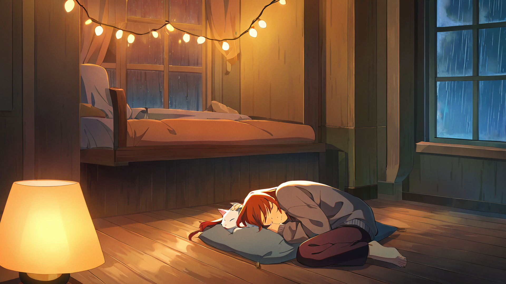 girl with cat lamplight lofi wallpaper