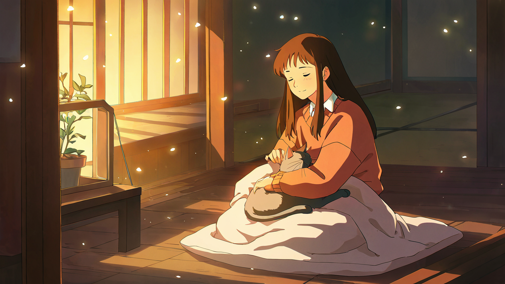 girl with cat lamplight lofi wallpaper