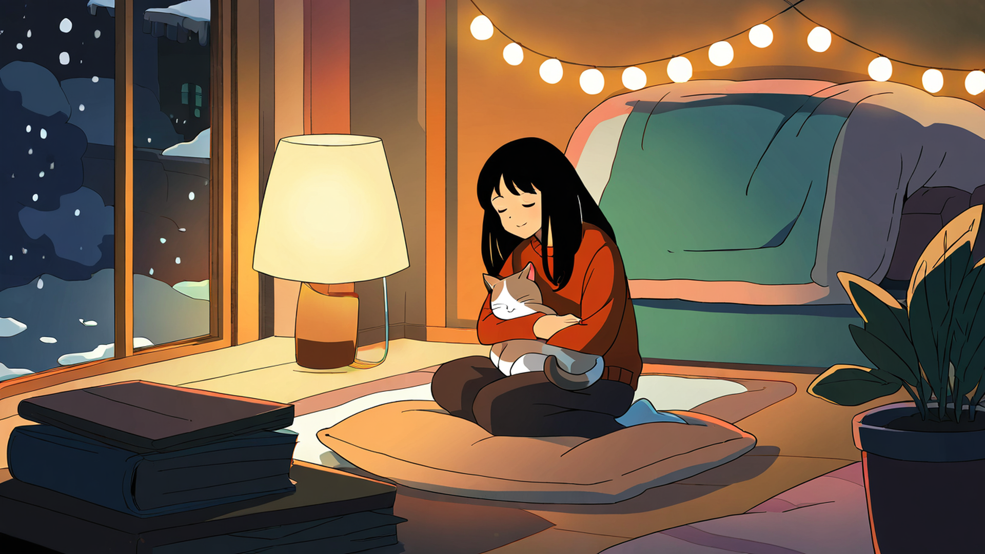 girl with cat lamplight lofi wallpaper