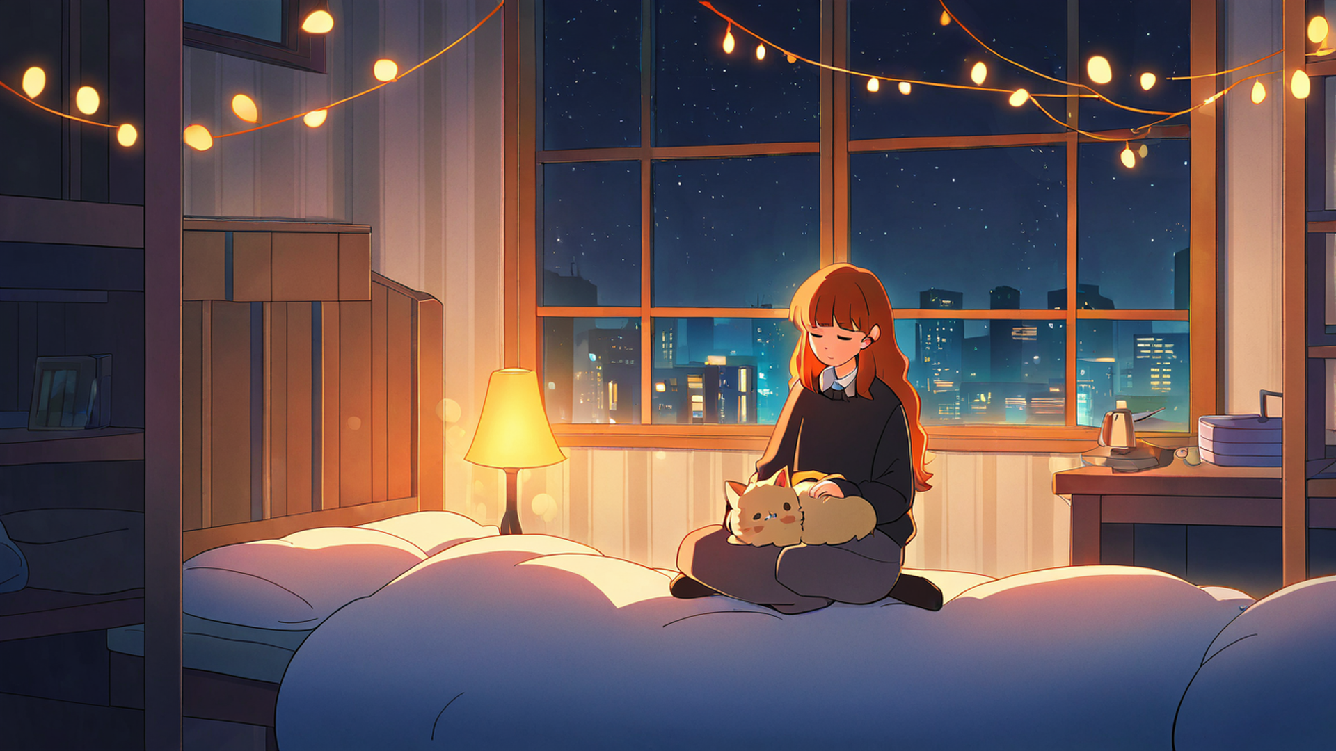 girl with cat lamplight lofi wallpaper