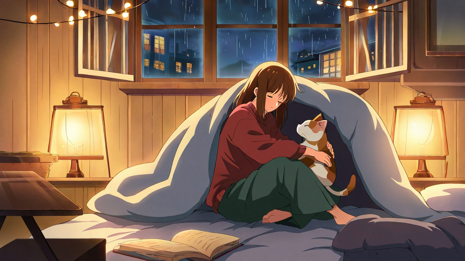 girl with cat lamplight lofi wallpaper