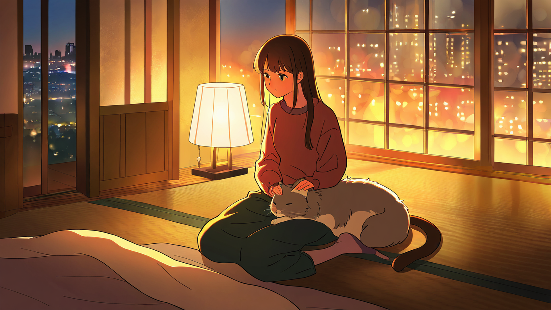 girl with cat lamplight lofi wallpaper
