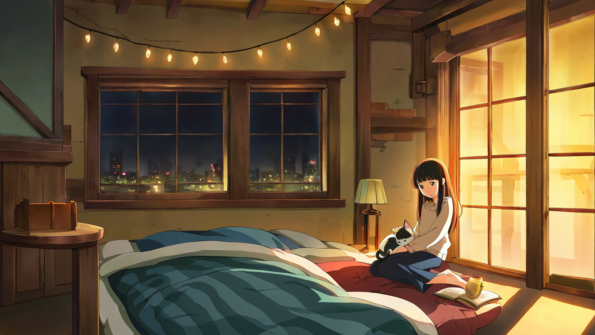 girl with cat lamplight lofi wallpaper