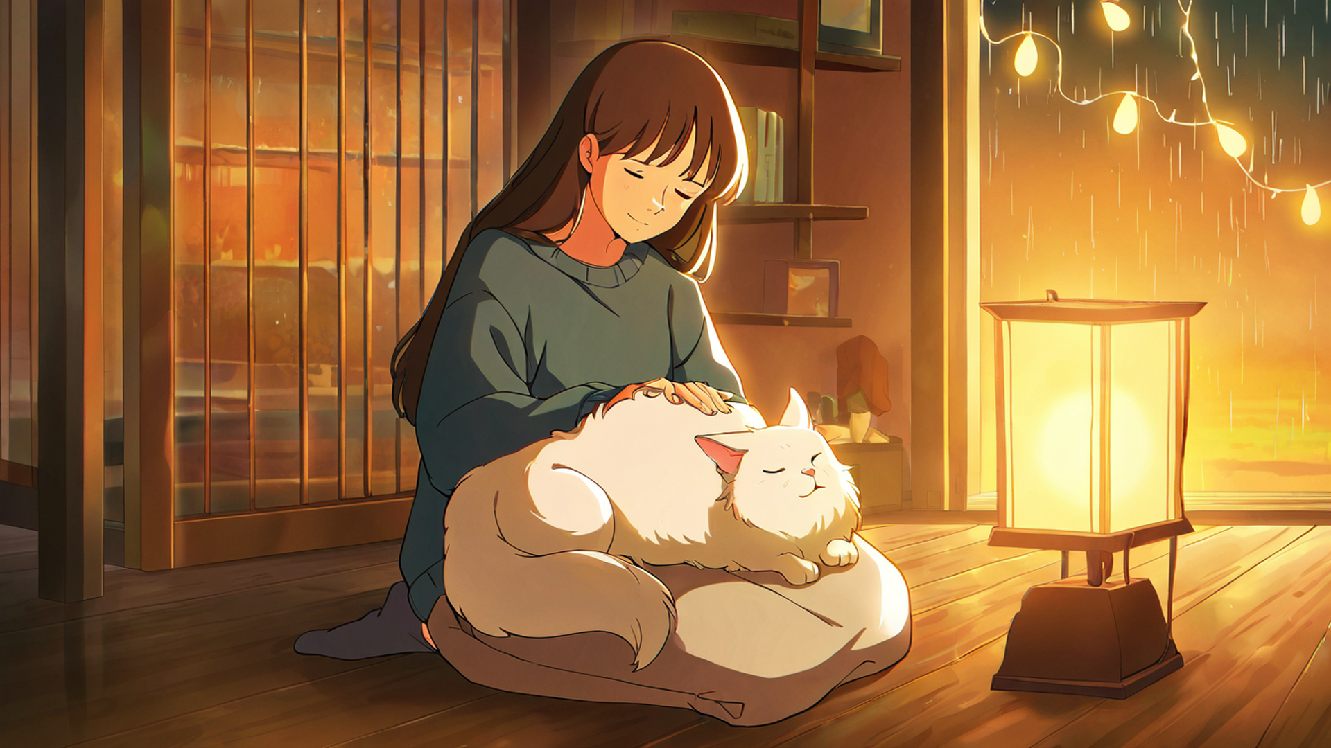 girl with cat lamplight lofi wallpaper