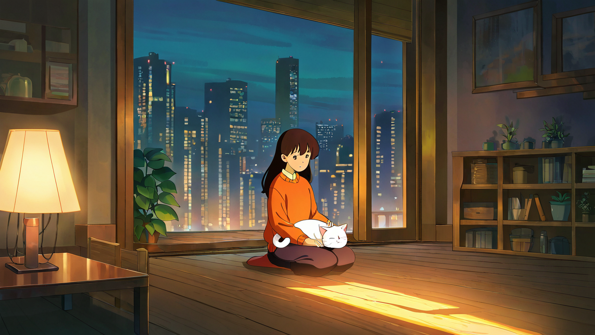 girl with cat lamplight lofi wallpaper