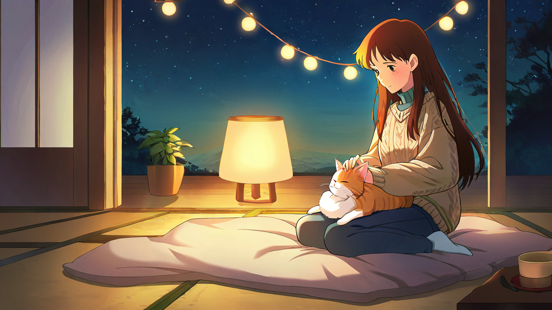 girl with cat lamplight lofi wallpaper