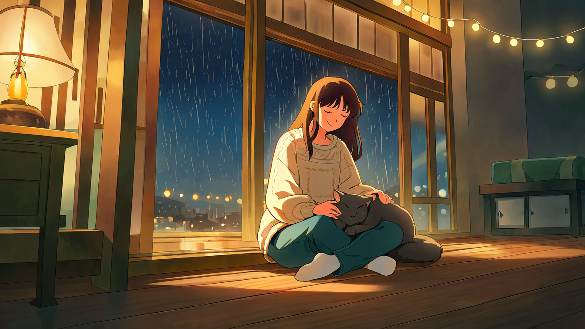 girl with cat lamplight lofi wallpaper
