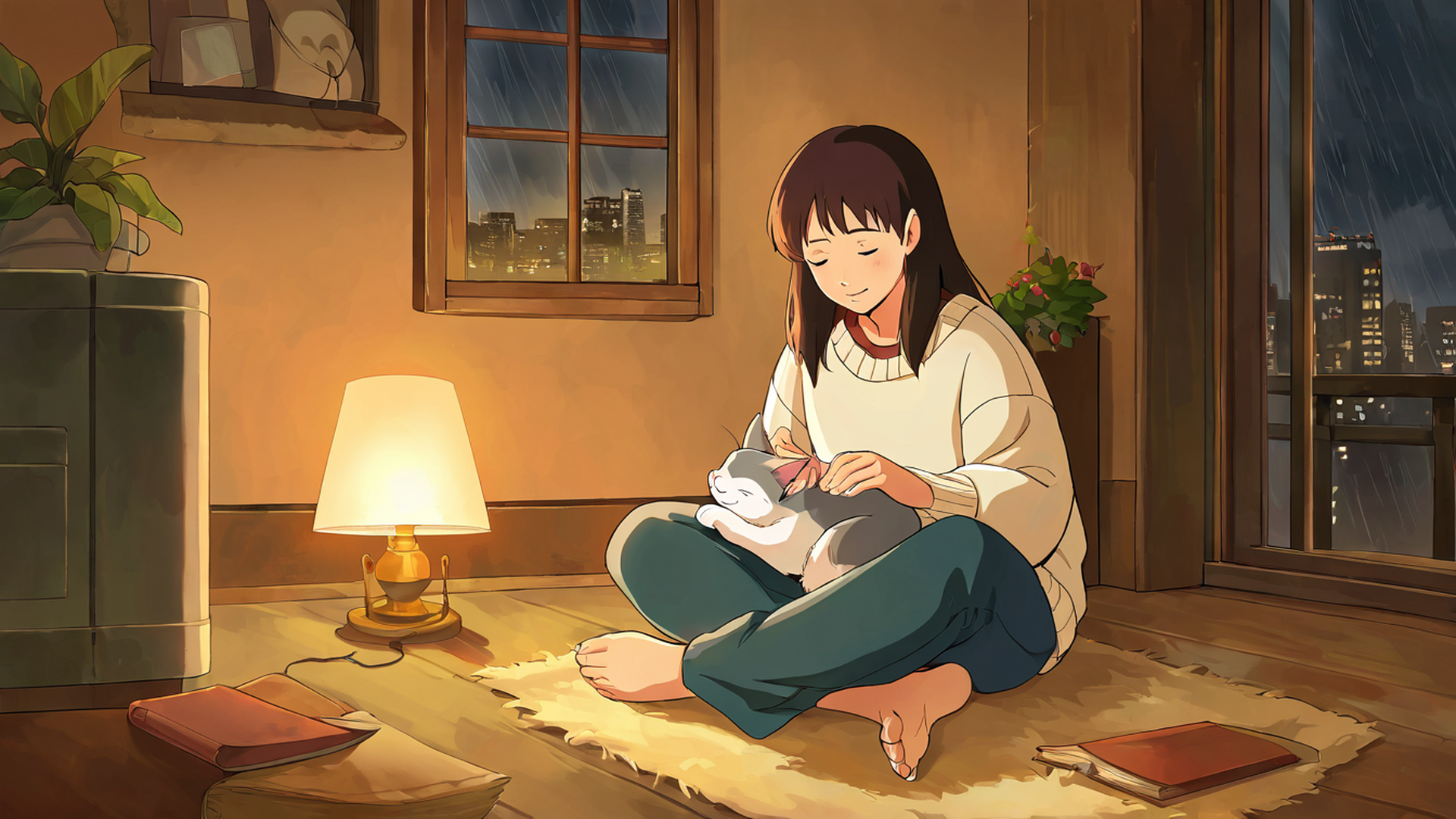 girl with cat lamplight lofi wallpaper