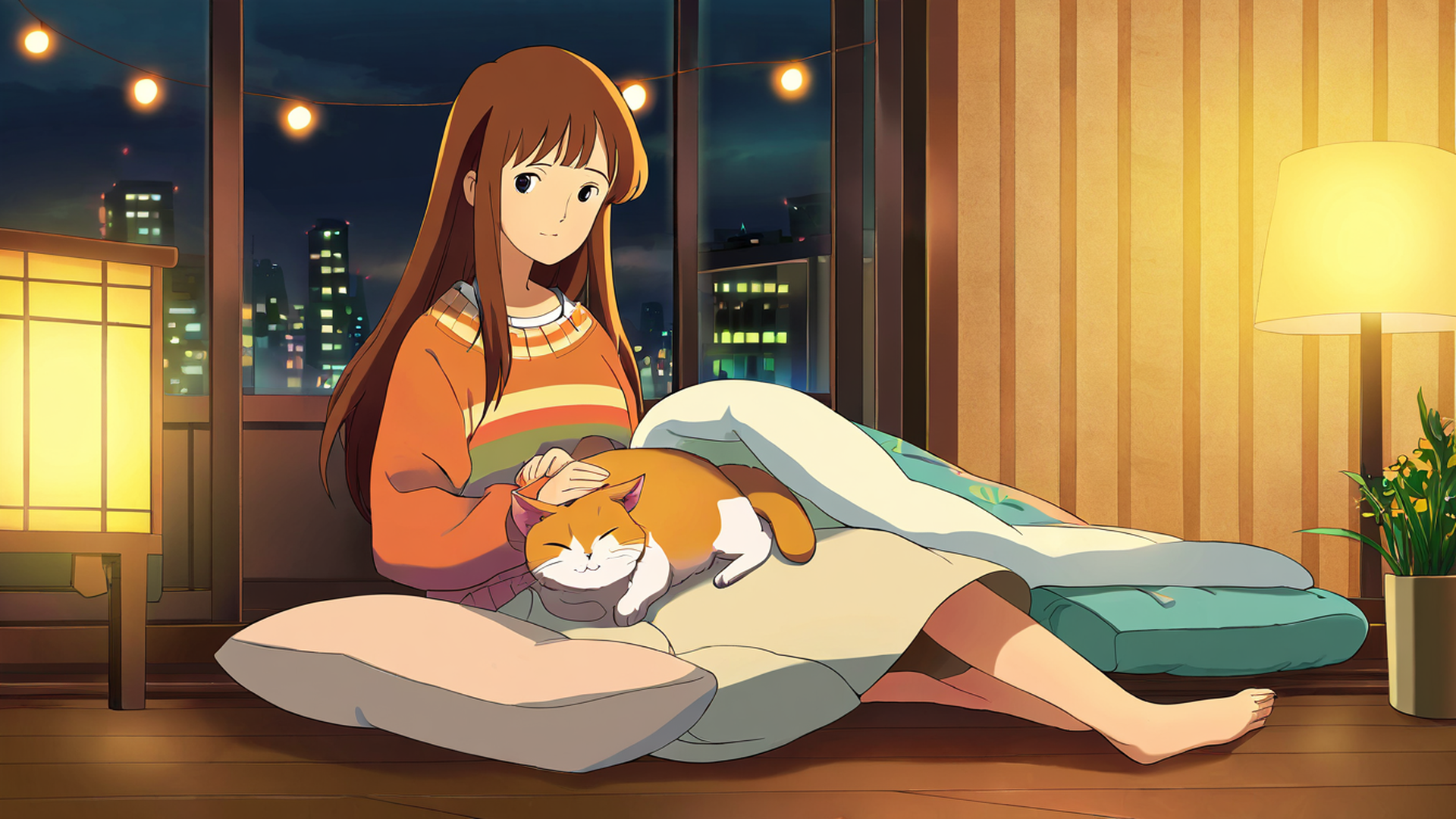 girl with cat lamplight lofi wallpaper