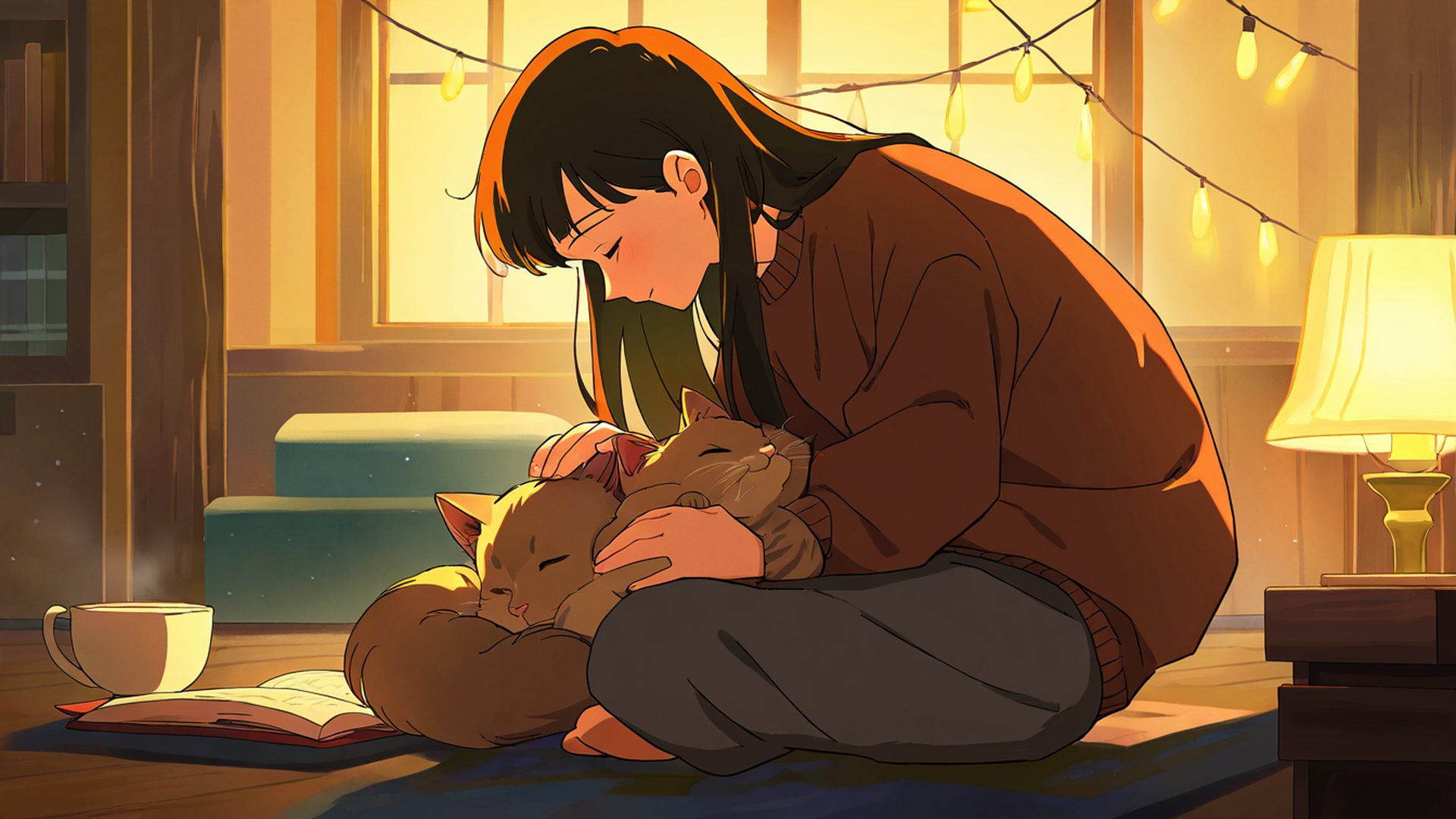 Girl With Cat Lamplight Girl With Cat Lamplight 1121024445 lofi anime wallpaper free download