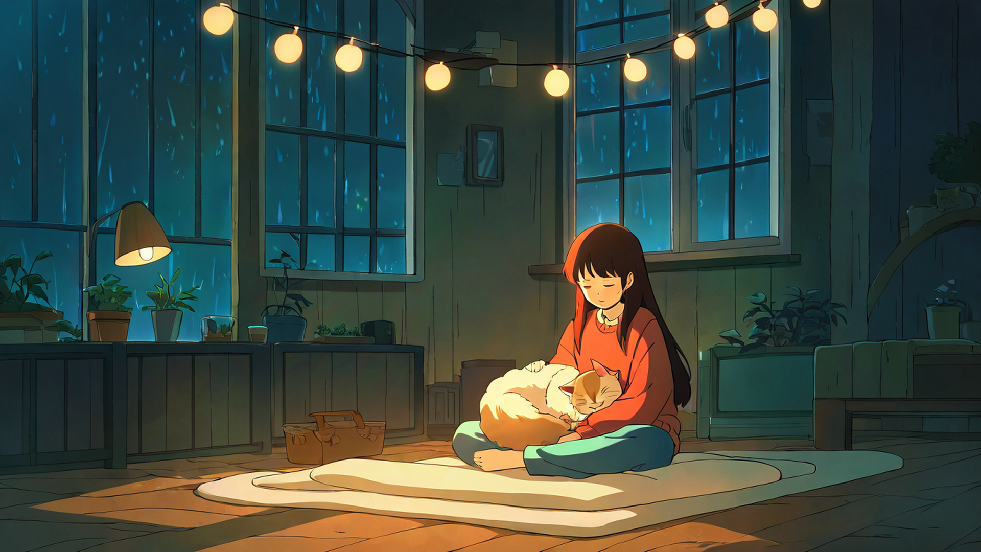 Girl With Cat Lamplight Girl With Cat Lamplight 1121841634 lofi anime wallpaper free download
