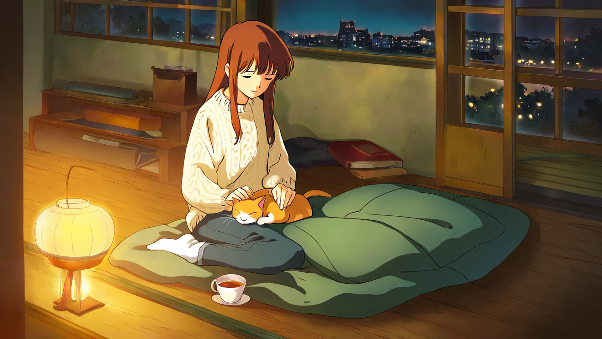 girl with cat lamplight lofi wallpaper