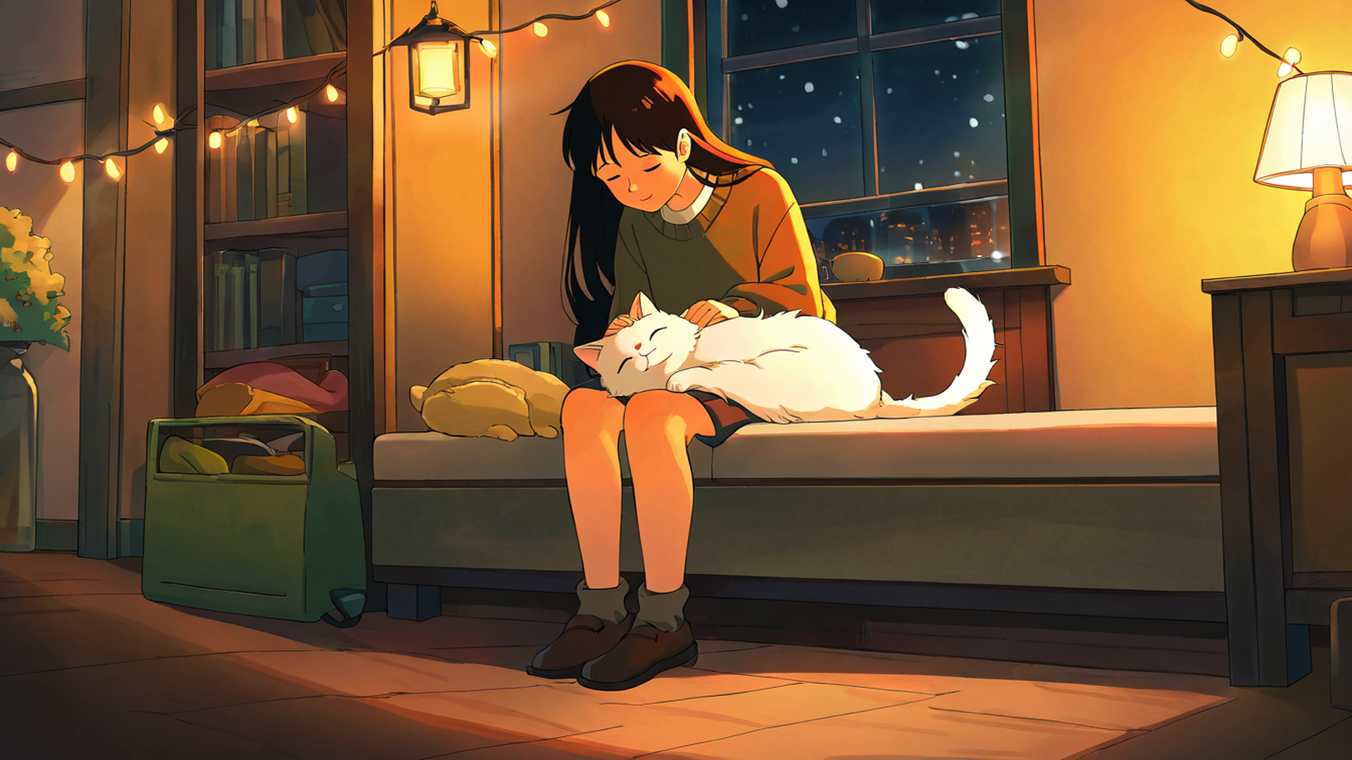 girl with cat lamplight lofi wallpaper