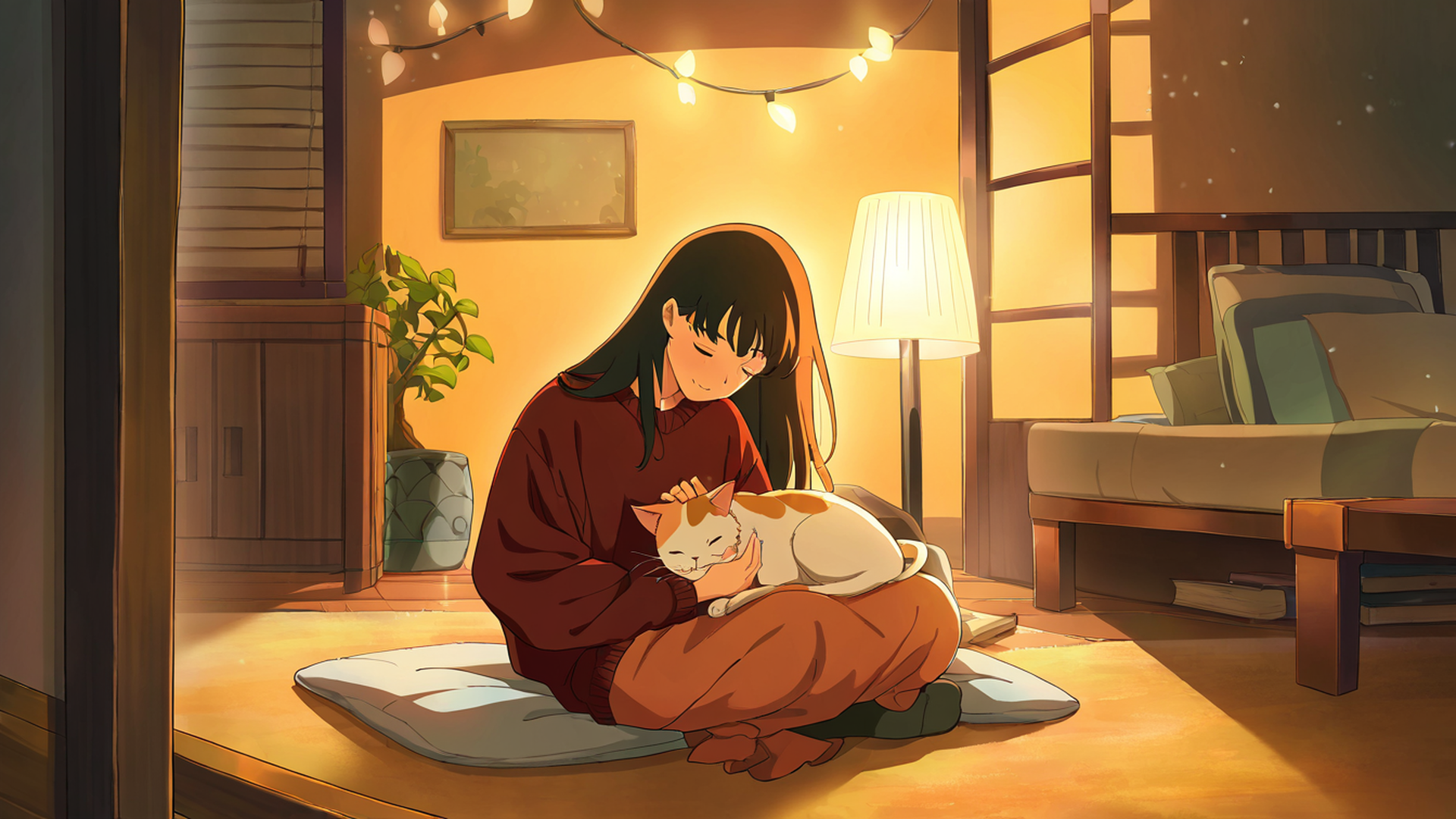 girl with cat lamplight lofi wallpaper