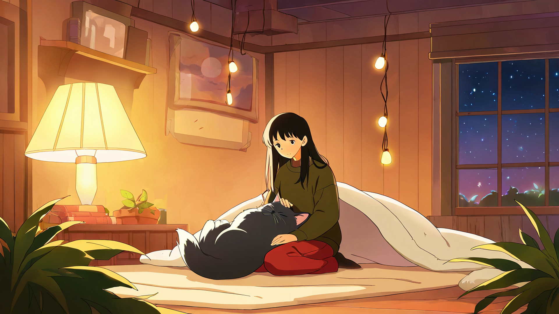 girl with cat lamplight lofi wallpaper