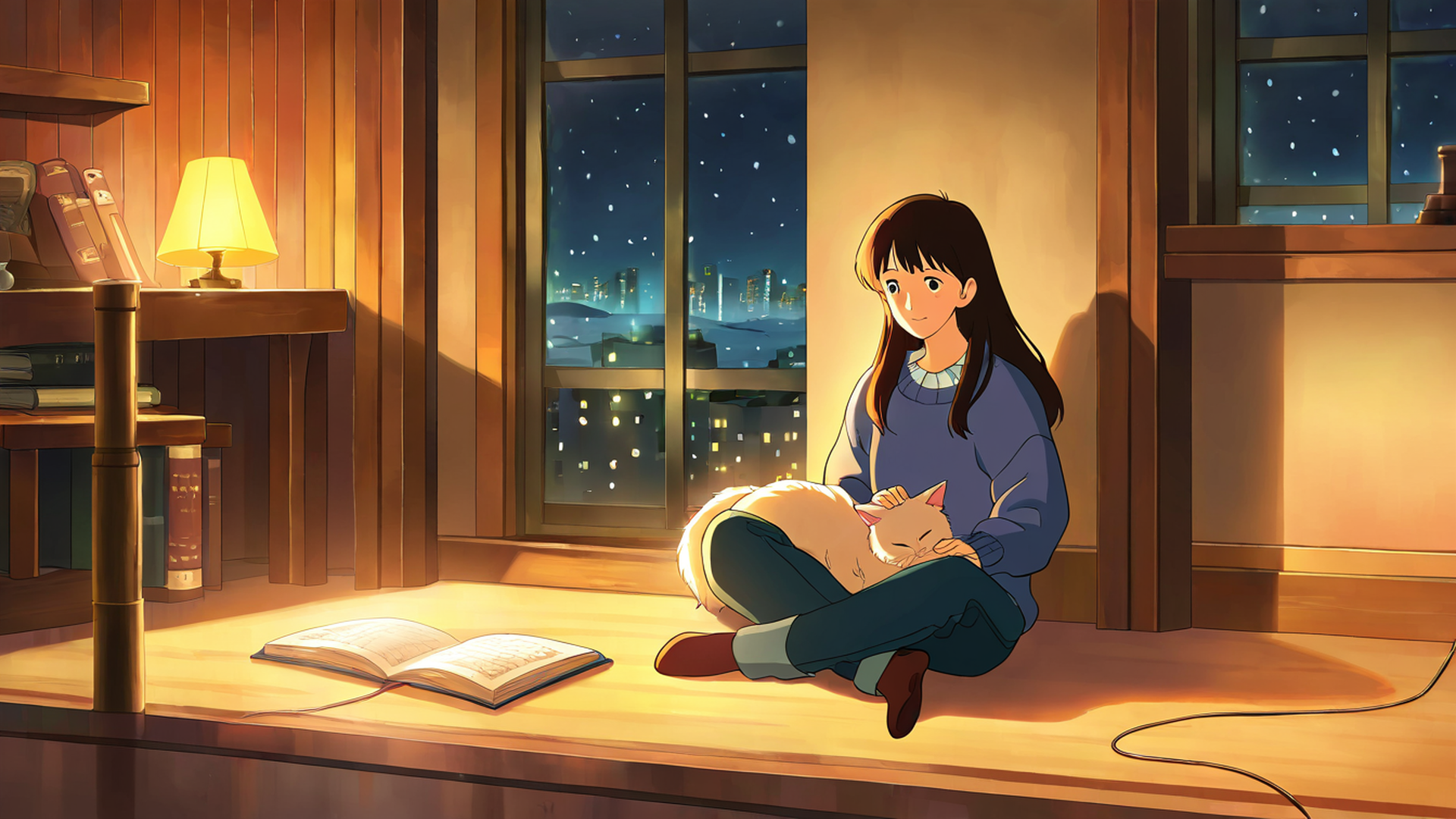 girl with cat lamplight lofi wallpaper