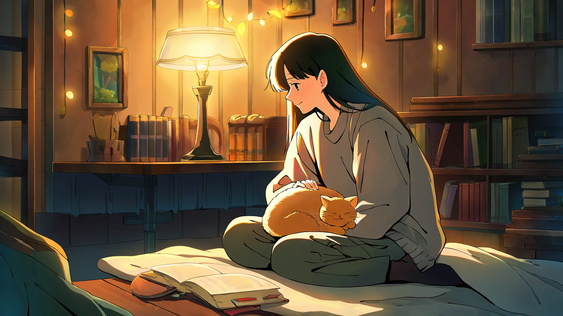 Girl With Cat Lamplight Girl With Cat Lamplight 1168688715 lofi anime wallpaper free download