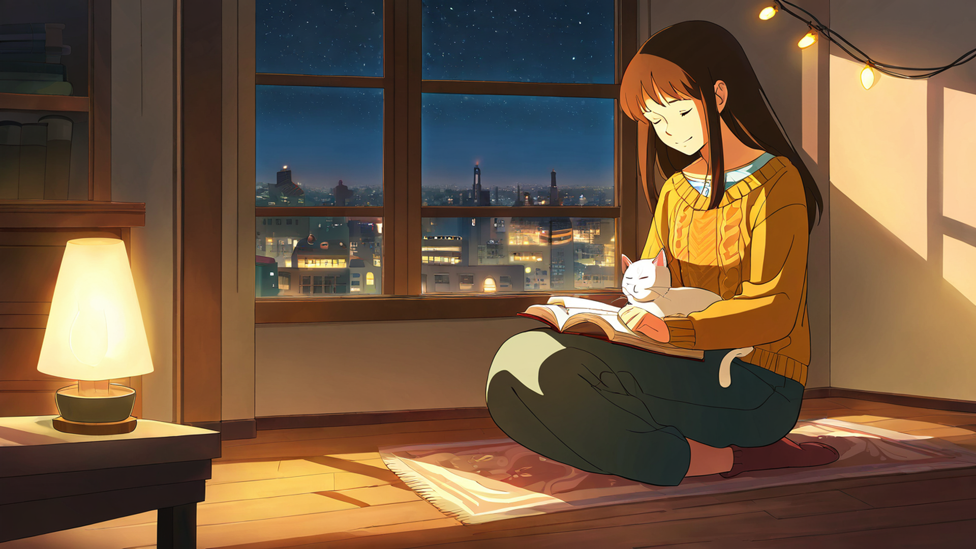 girl with cat lamplight lofi wallpaper