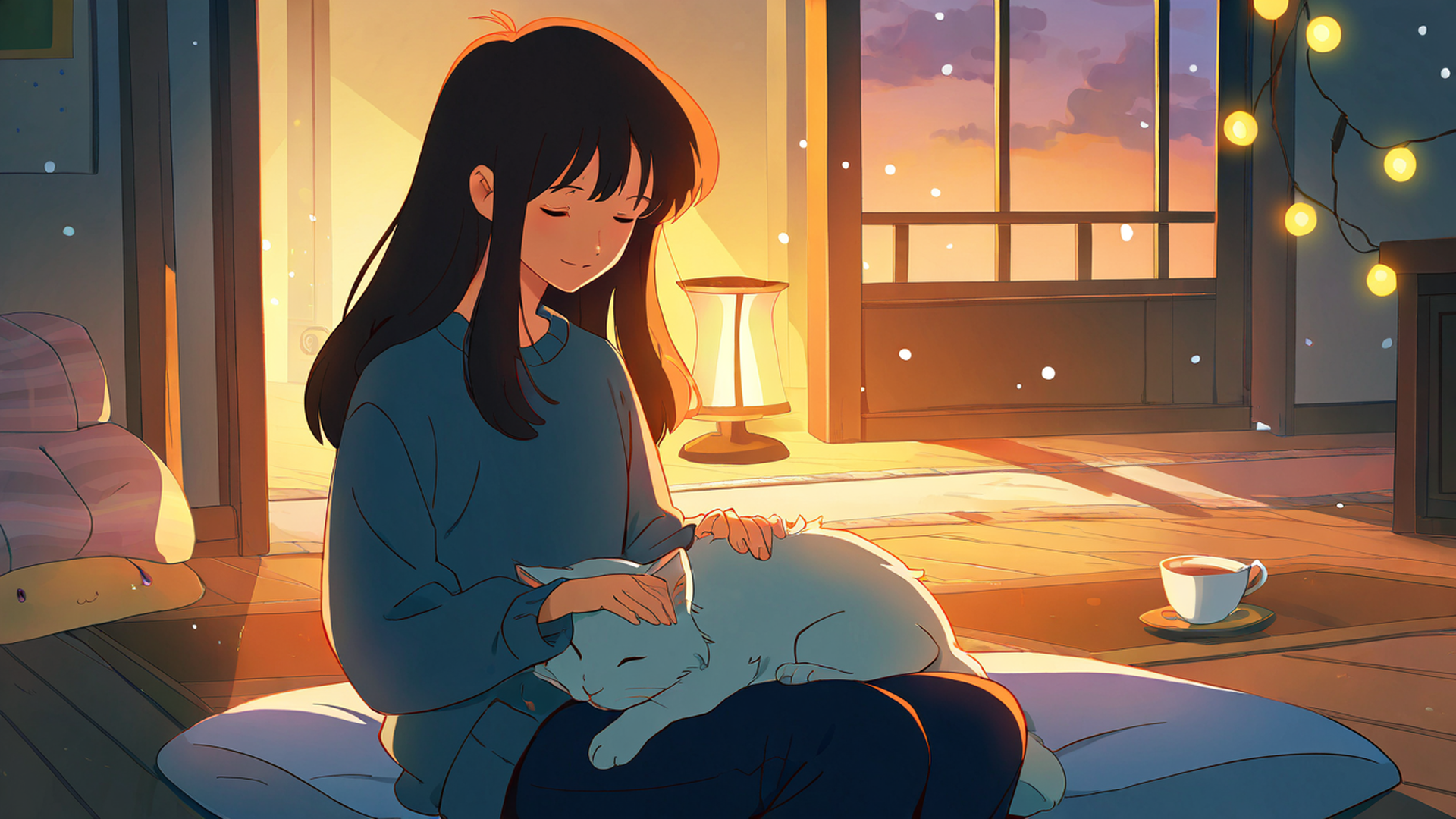 girl with cat lamplight lofi wallpaper