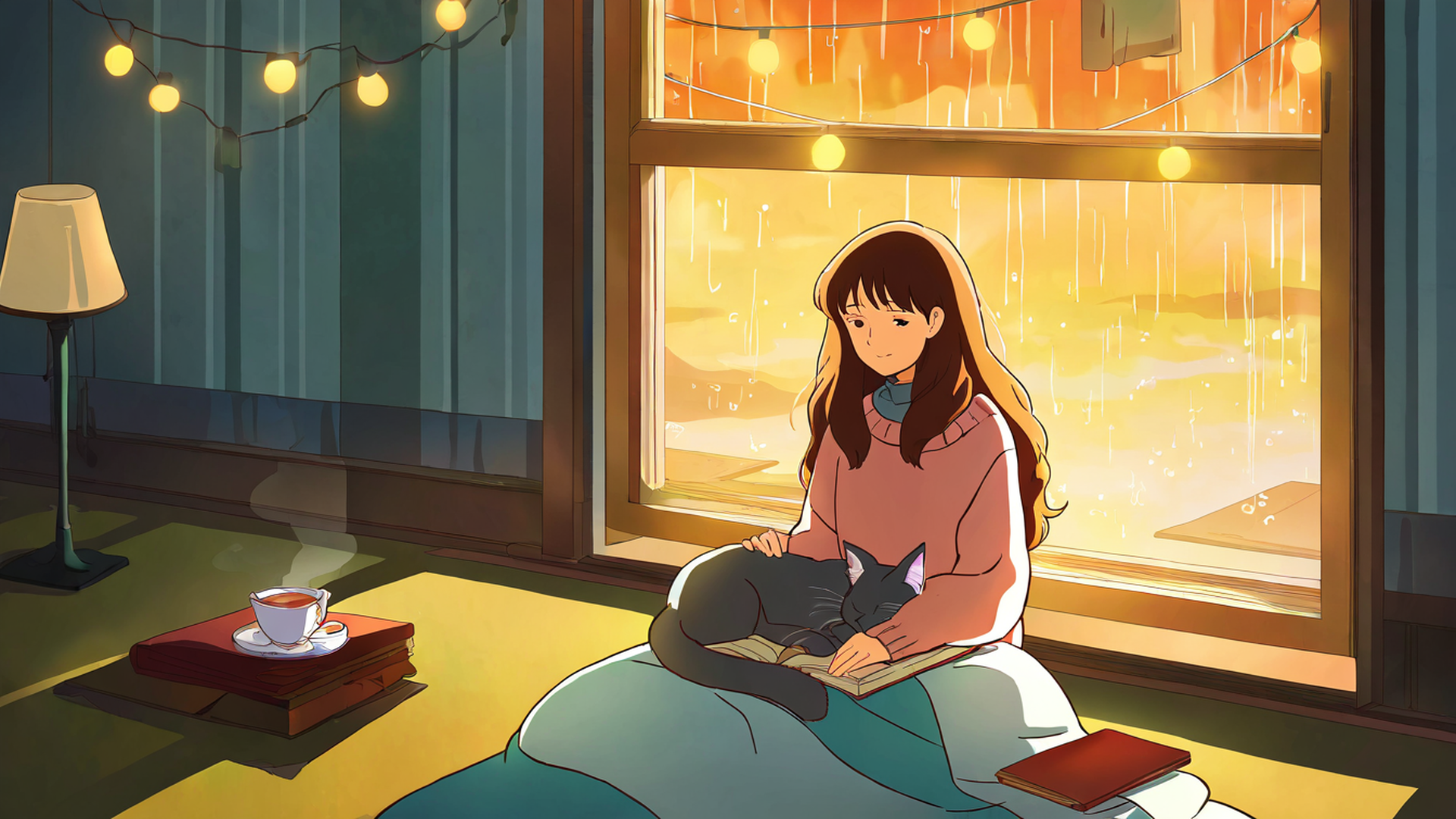 girl with cat lamplight lofi wallpaper
