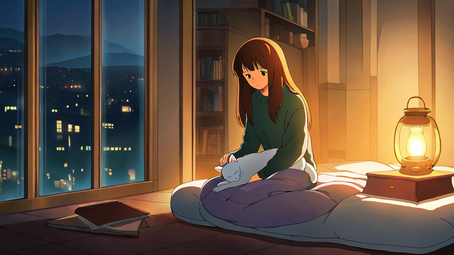 girl with cat lamplight lofi wallpaper
