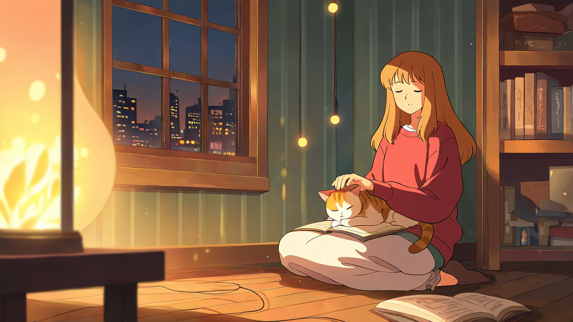 girl with cat lamplight lofi wallpaper