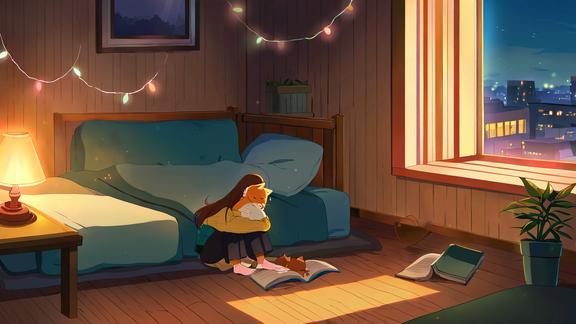 girl with cat lamplight lofi wallpaper