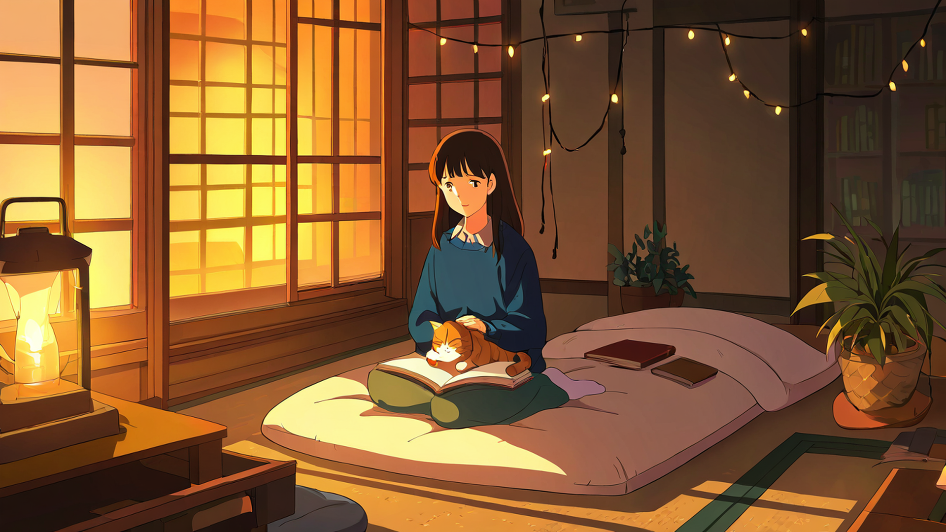 girl with cat lamplight lofi wallpaper