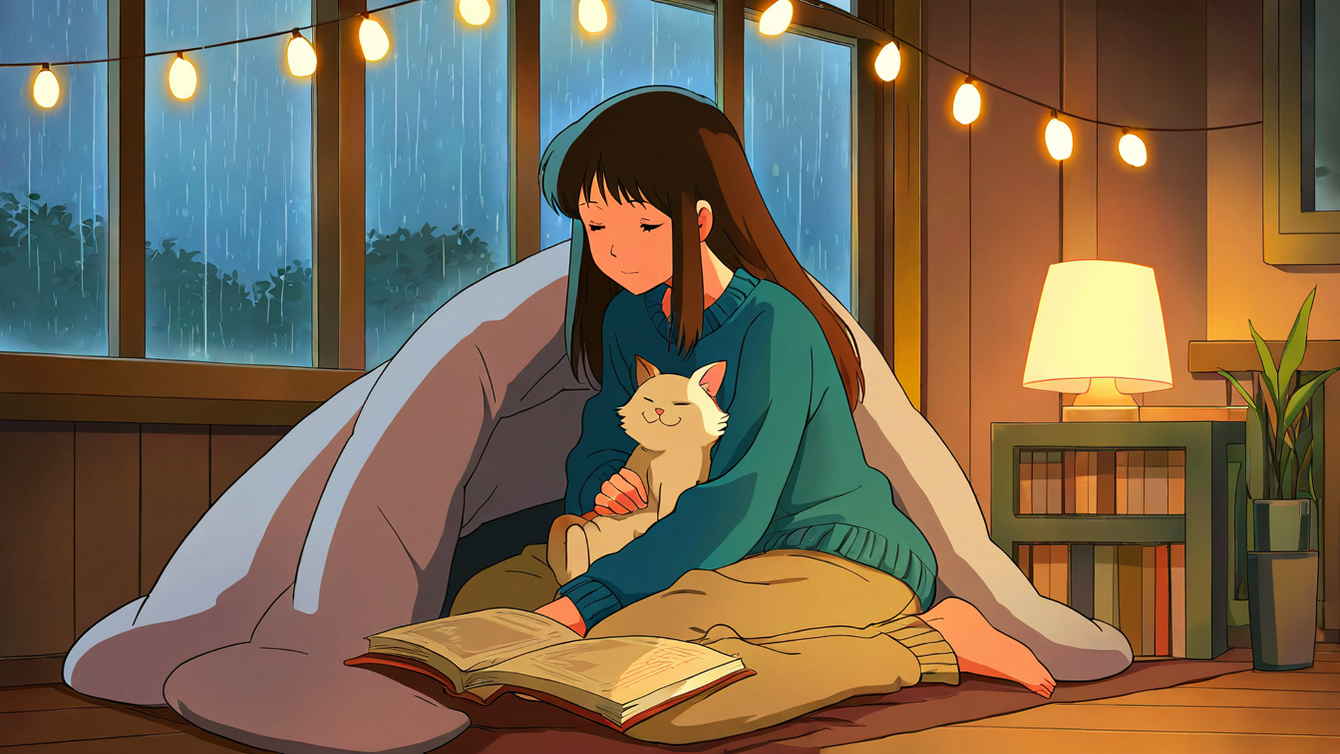 girl with cat lamplight lofi wallpaper