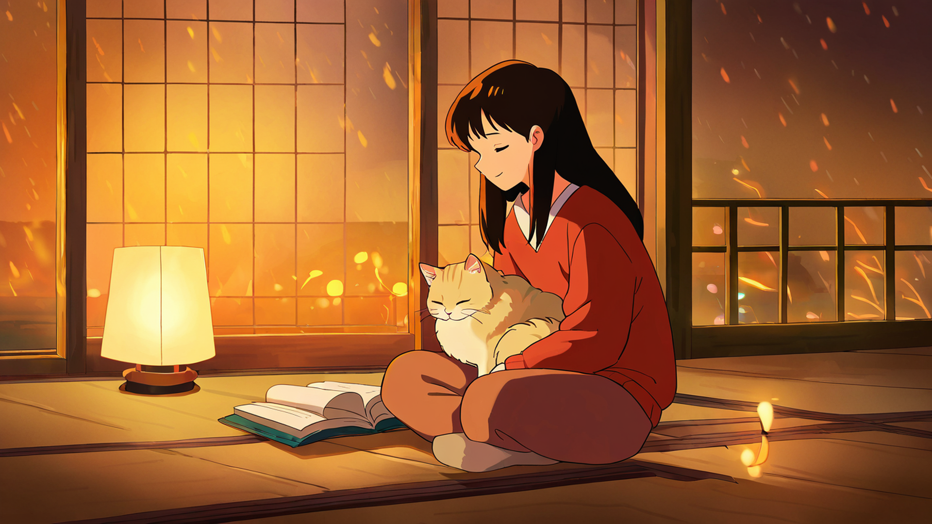 girl with cat lamplight lofi wallpaper
