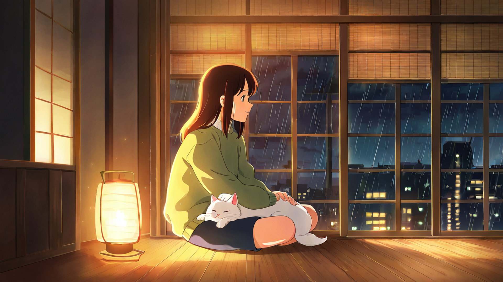 girl with cat lamplight lofi wallpaper