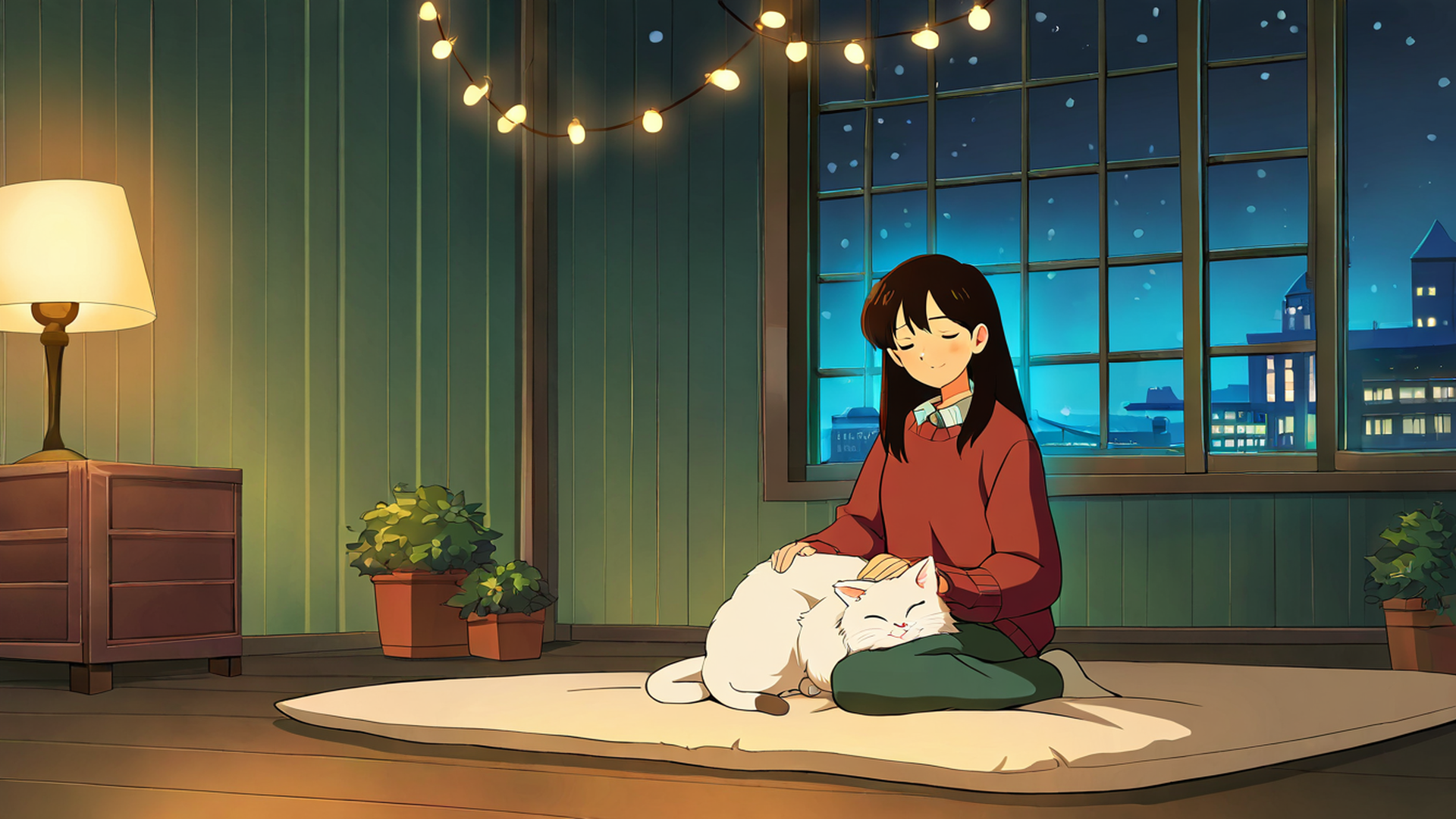 girl with cat lamplight lofi wallpaper