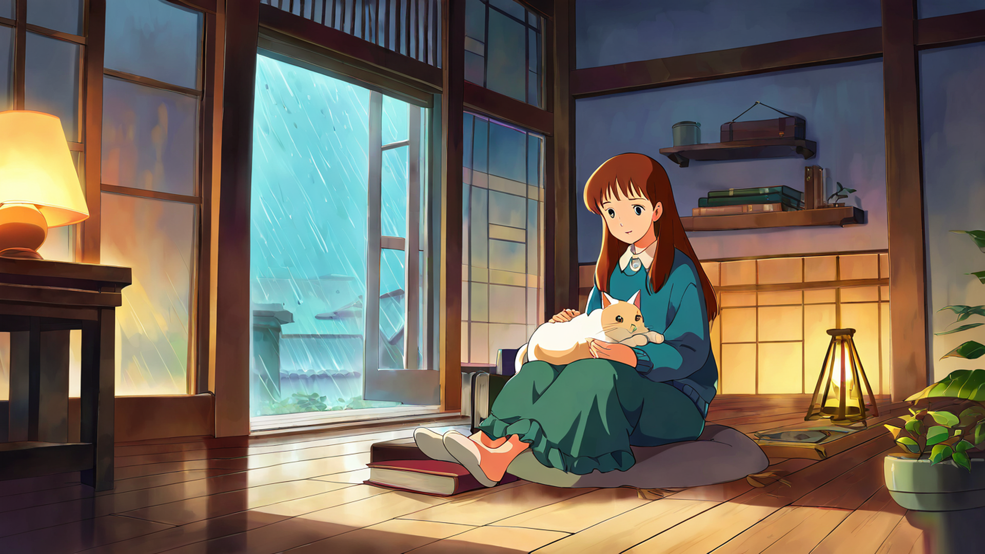 Girl With Cat Lamplight Girl With Cat Lamplight 1290755626 lofi anime wallpaper free download