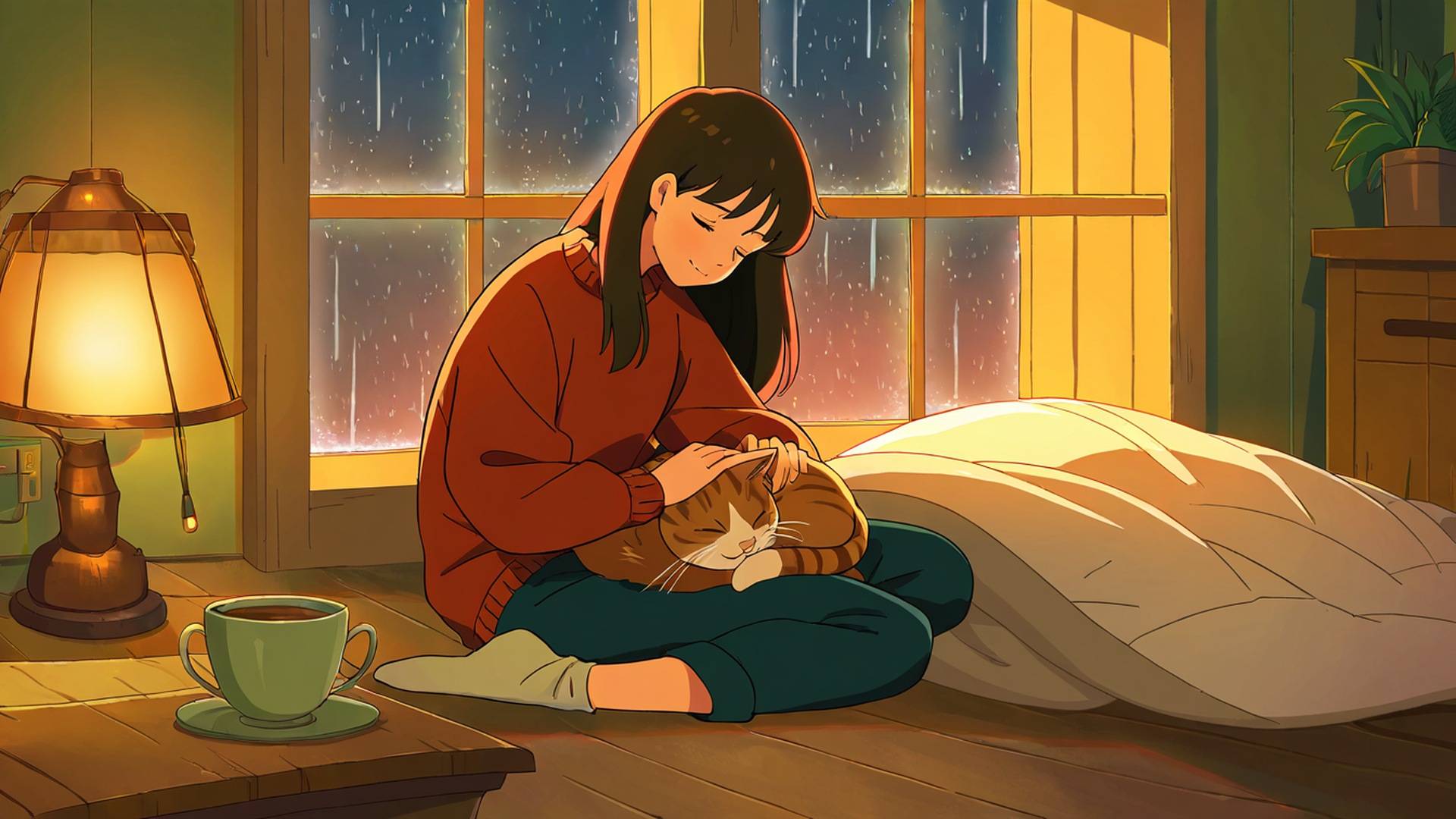 girl with cat lamplight lofi wallpaper