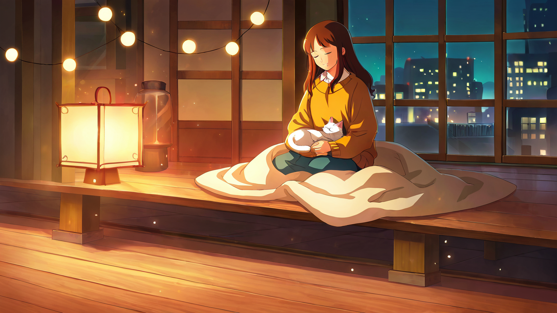 girl with cat lamplight lofi wallpaper