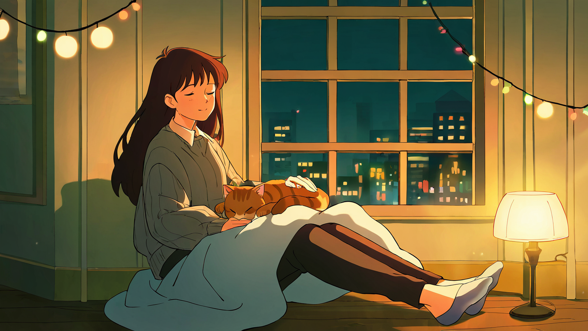 girl with cat lamplight lofi wallpaper